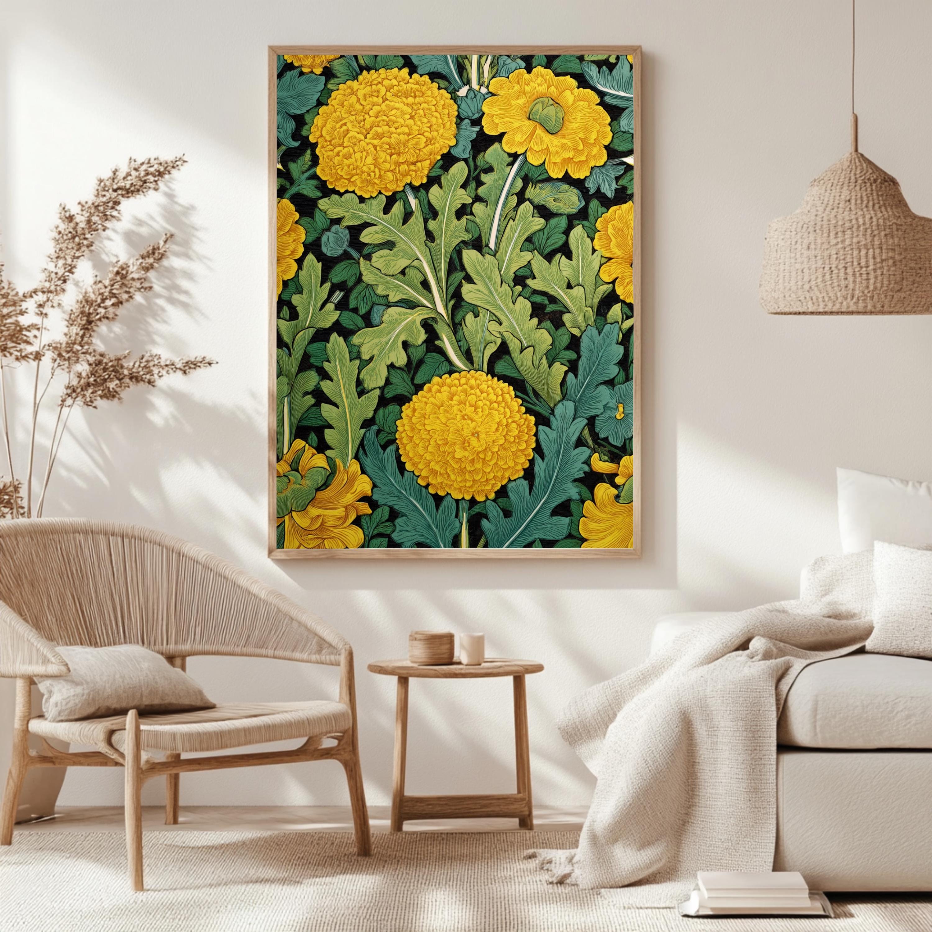 Yellow Marigold Wall Art, William Morris Inspired Floral Canvas, Vintage Botanical Garden Print, Cottagecore Framed Nature Decor