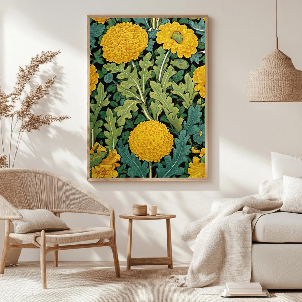 Yellow Marigold Wall Art, William Morris Inspired Floral Canvas, Vintage Botanical Garden Print, Cottagecore Framed Nature Decor