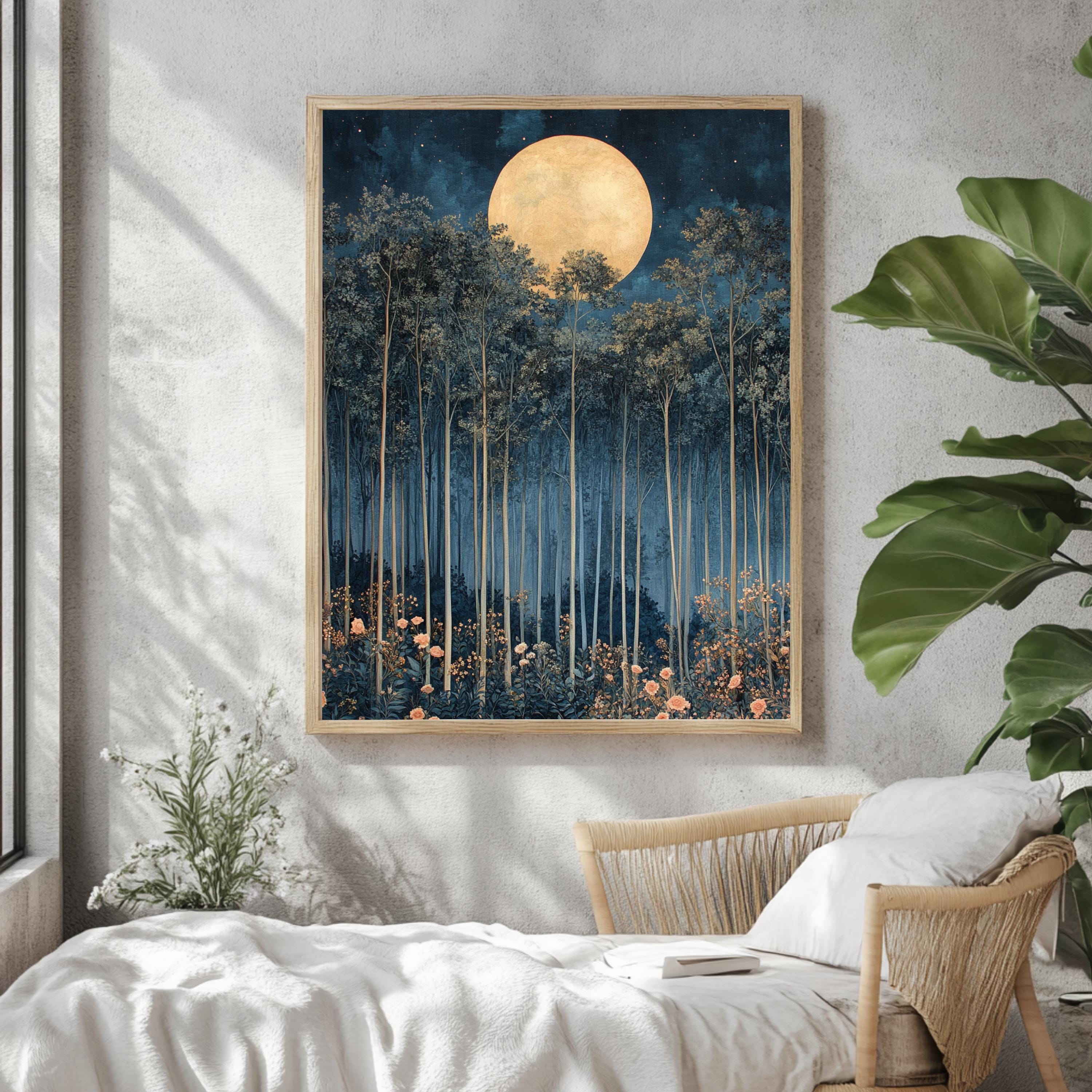 Moonlit Forest Framed Canvas, Ethereal Night Woodland Wall Art, Mystical Floral Nature Print, Enchanted Landscape Decor, Elegant Home Accent