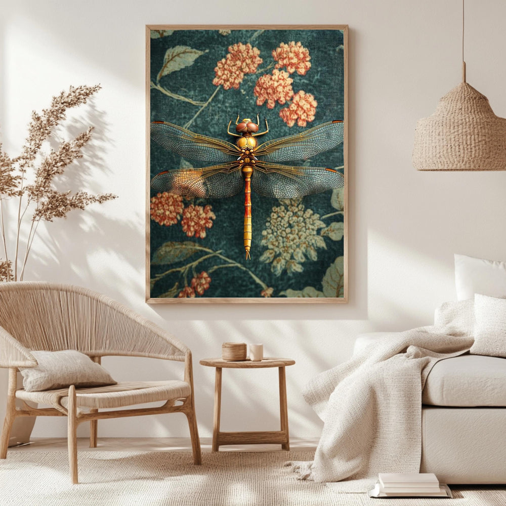 Golden Dragonfly Framed Canvas, Vintage Floral Insect Wall Art, Botanical Nature Print, Elegant Entomology Decor, Garden-Inspired Accent