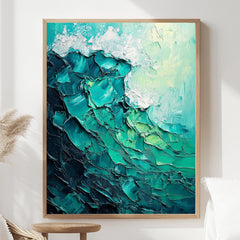 Teal Ocean Wave Framed Canvas, Textured Look Seascape Wall Art Abstract Coastal Painting Modern Beach House Decor, Nautical Aesthetic Accent