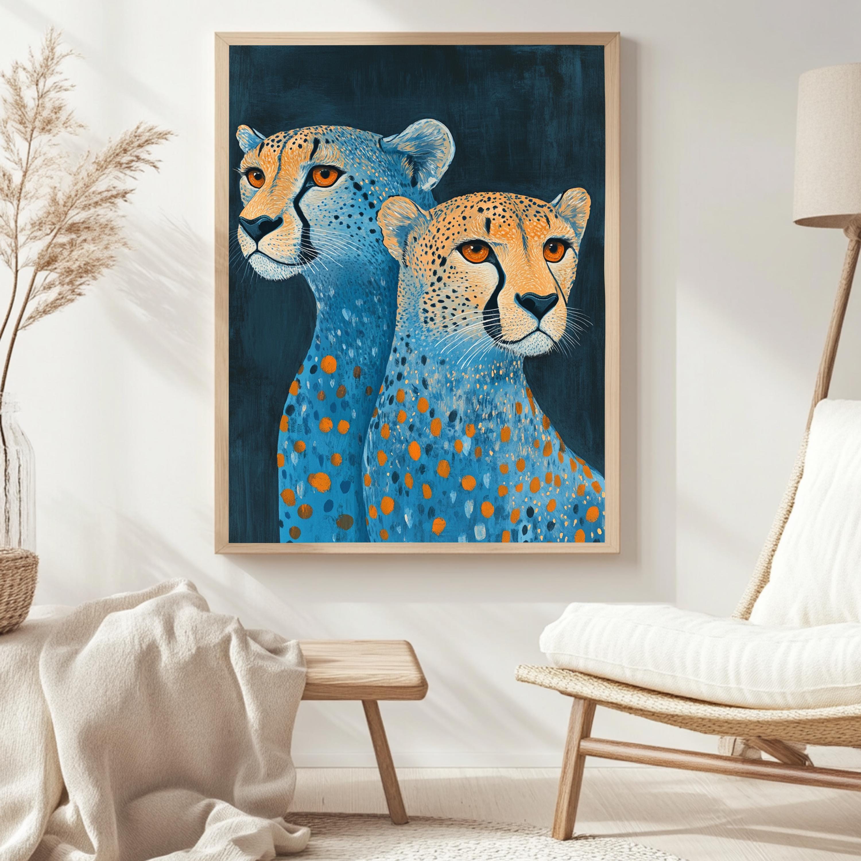 Blue and Orange Cheetah Canvas, Framed Jungle Wall Art, Colorful Safari Poster, Bold Animal Decor, Modern Safari Wall Decor, Eclectic Art