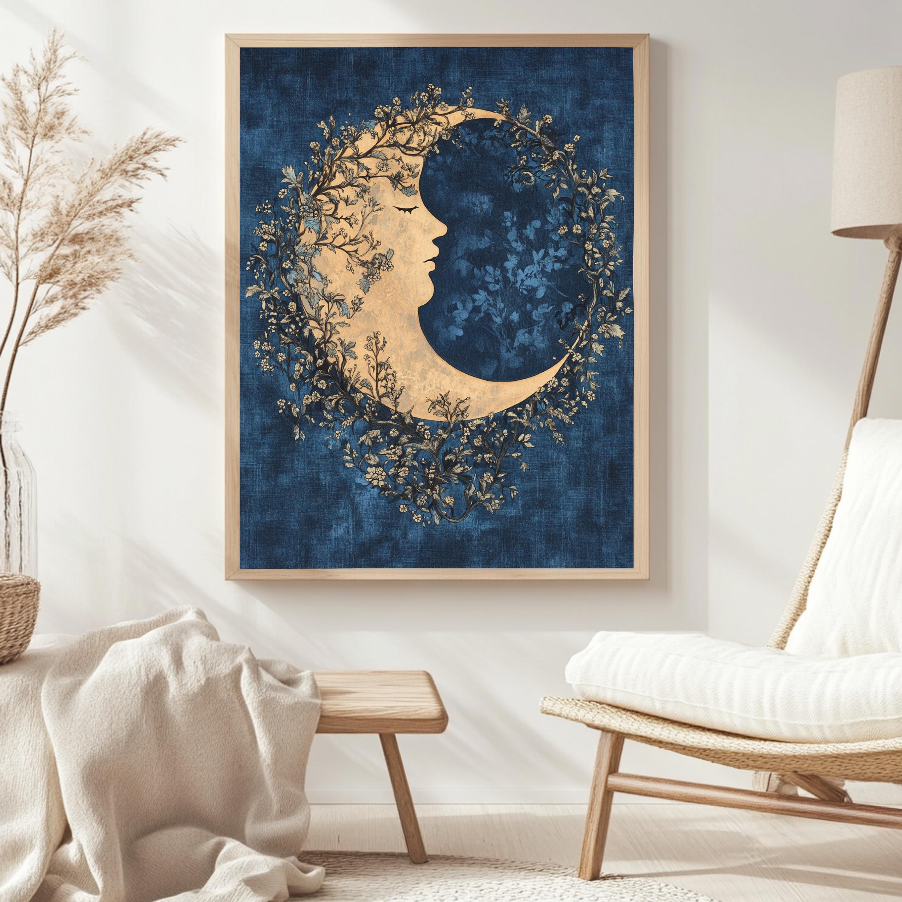 Floral Moon Wall Art, William Morris Inspired Celestial Canvas, Dreamy Botanical Print, Wooden Framed Mystical Night Sky Home Decor