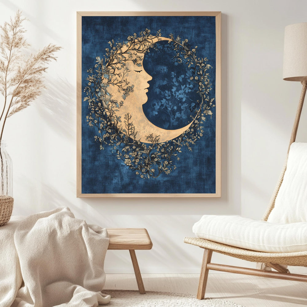 Floral Moon Wall Art, William Morris Inspired Celestial Canvas, Dreamy Botanical Print, Wooden Framed Mystical Night Sky Home Decor