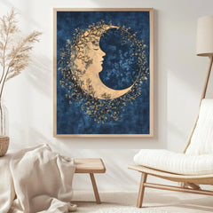 Floral Moon Wall Art, William Morris Inspired Celestial Canvas, Dreamy Botanical Print, Wooden Framed Mystical Night Sky Home Decor