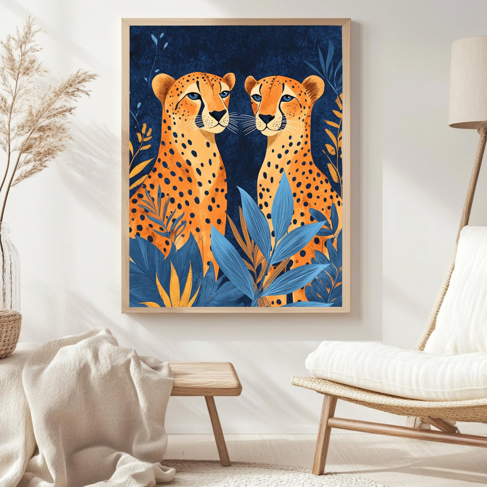 Orange Cheetahs Wall Art, Natural Wood Framed Canvas, Jungle Animal Print, Bold Safari Decor, Vibrant Wildlife Artwork, Boho Nature Art