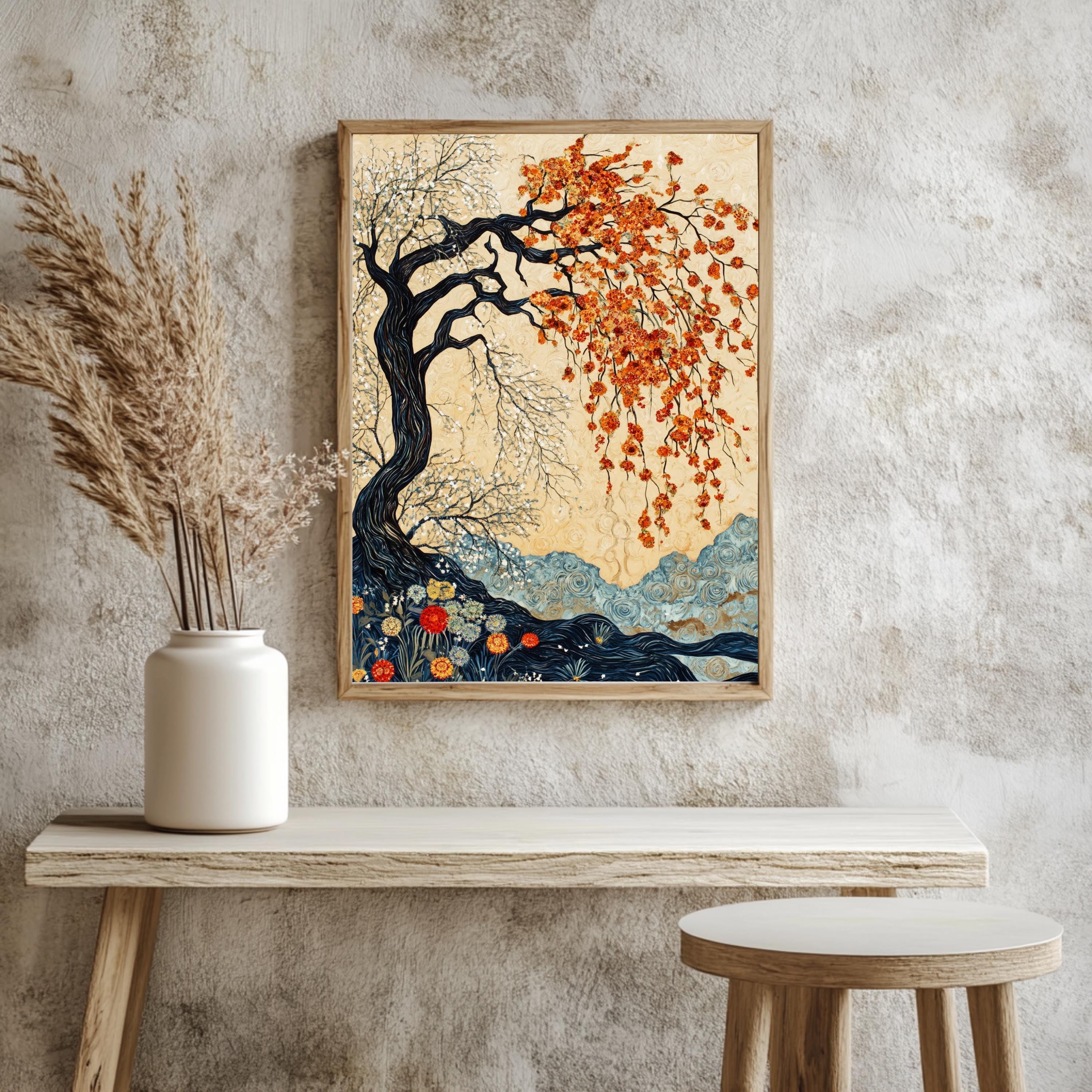Willow Tree Wall Art, William Morris Inspired Seasonal Canvas, Autumn and Spring Dual Tree Print, Wooden Framed Nature Home Decor
