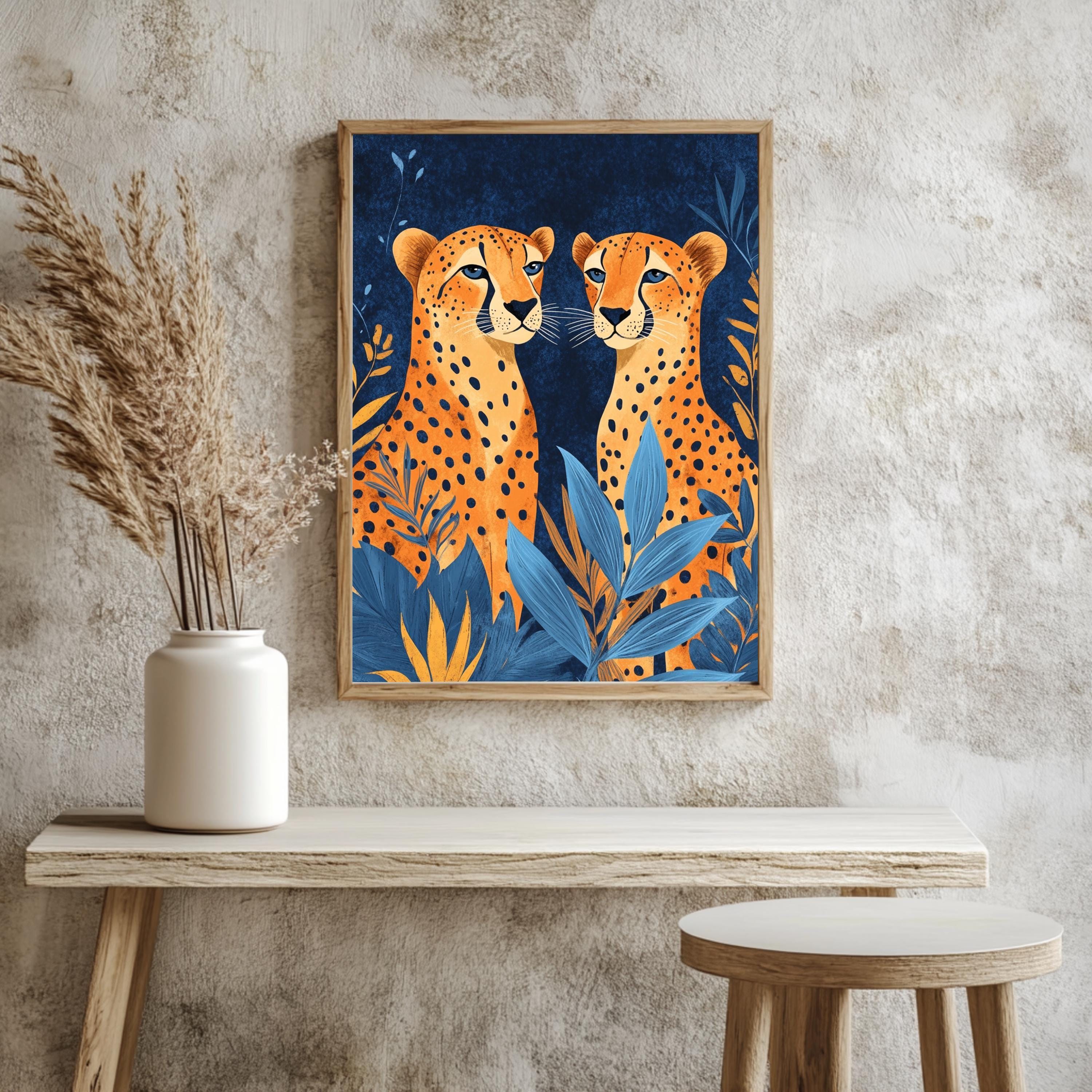 Orange Cheetahs Wall Art, Natural Wood Framed Canvas, Jungle Animal Print, Bold Safari Decor, Vibrant Wildlife Artwork, Boho Nature Art