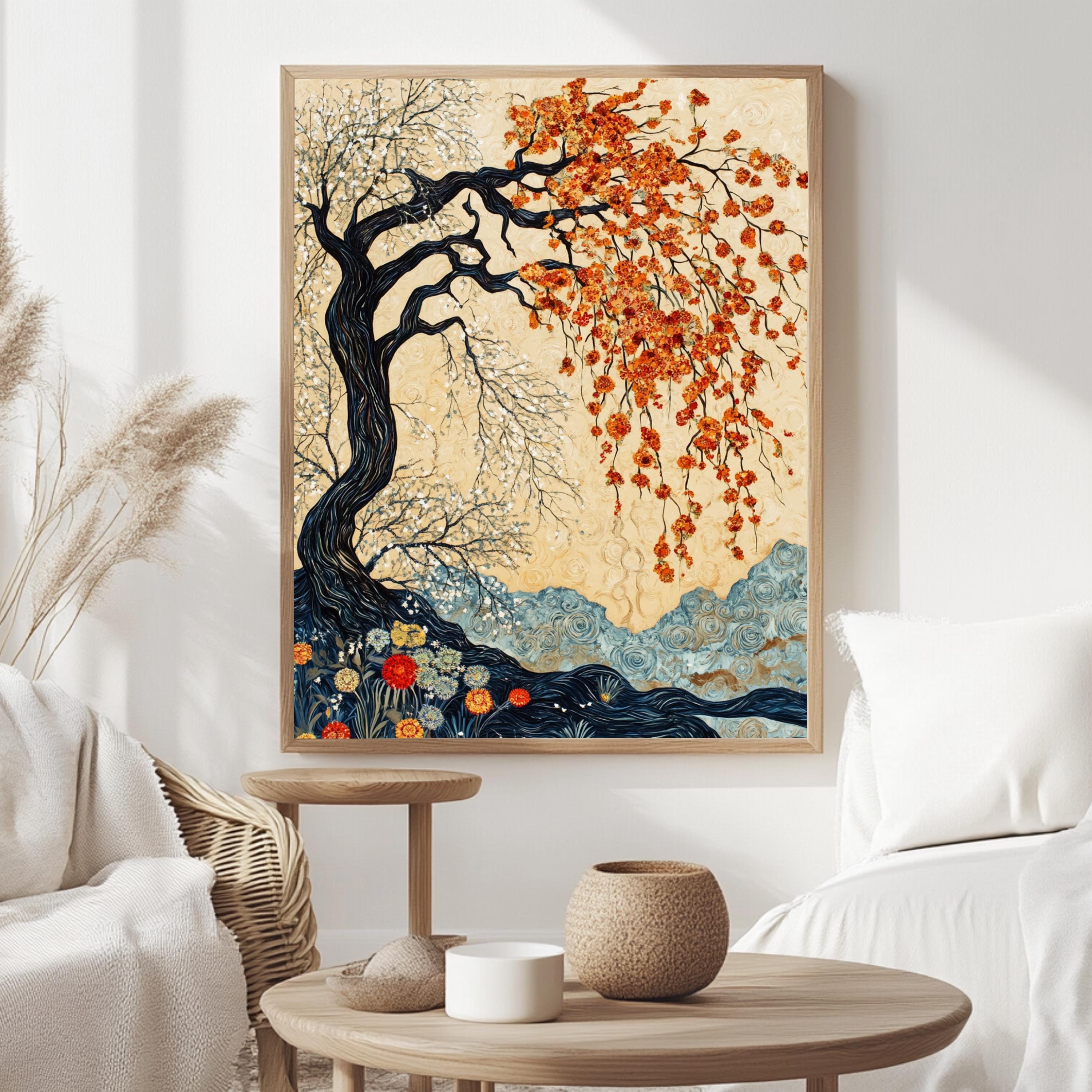 Willow Tree Wall Art, William Morris Inspired Seasonal Canvas, Autumn and Spring Dual Tree Print, Wooden Framed Nature Home Decor