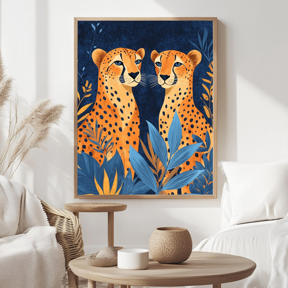 Orange Cheetahs Wall Art, Natural Wood Framed Canvas, Jungle Animal Print, Bold Safari Decor, Vibrant Wildlife Artwork, Boho Nature Art