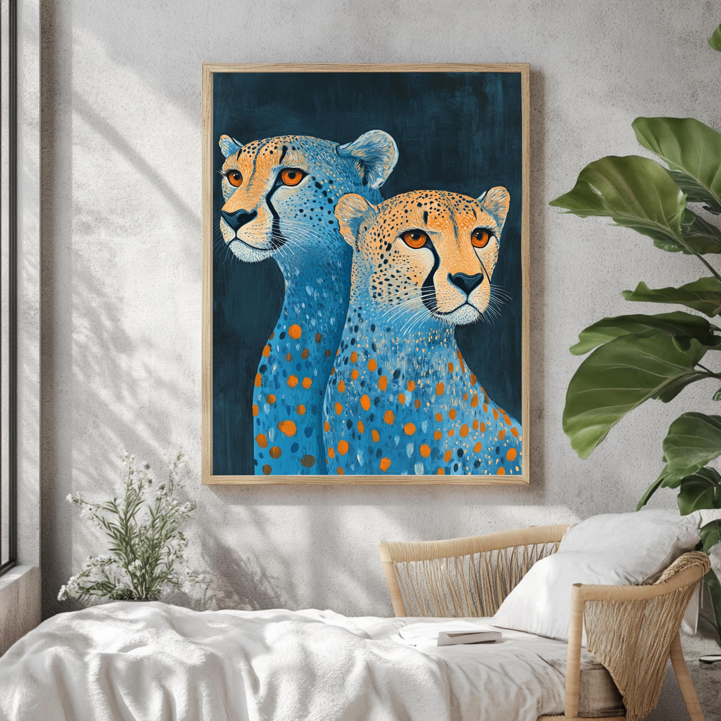 Blue and Orange Cheetah Canvas, Framed Jungle Wall Art, Colorful Safari Poster, Bold Animal Decor, Modern Safari Wall Decor, Eclectic Art