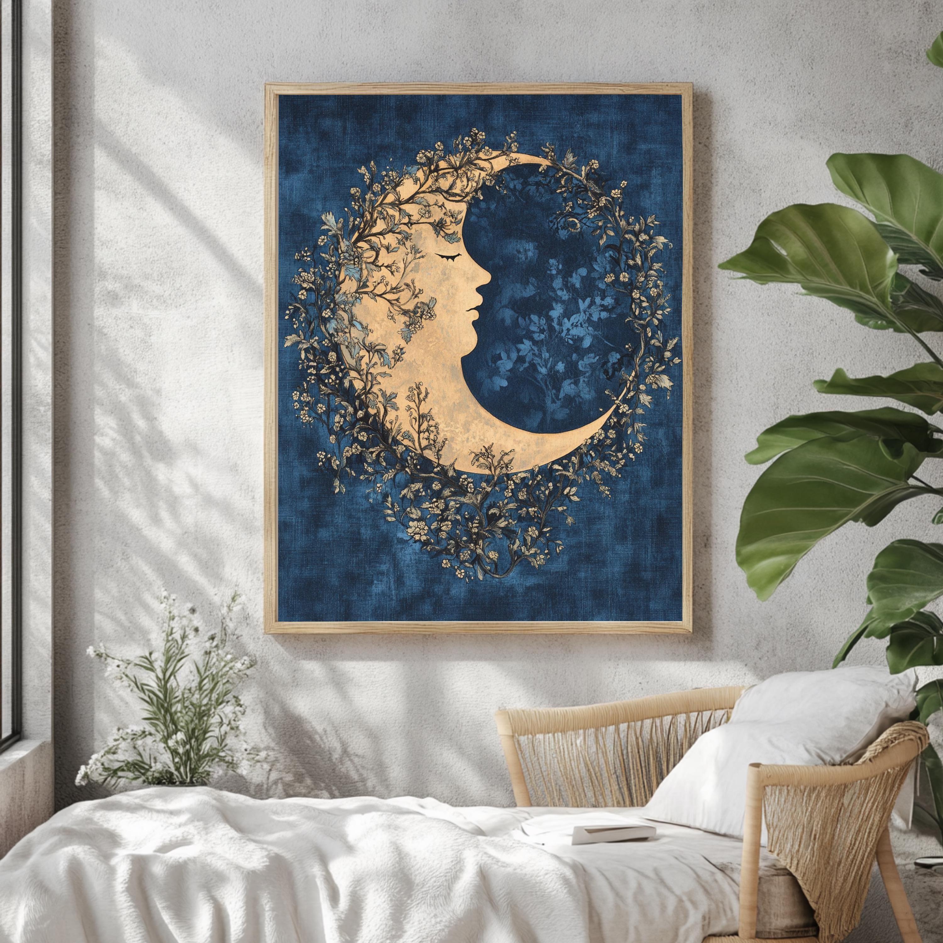 Floral Moon Wall Art, William Morris Inspired Celestial Canvas, Dreamy Botanical Print, Wooden Framed Mystical Night Sky Home Decor