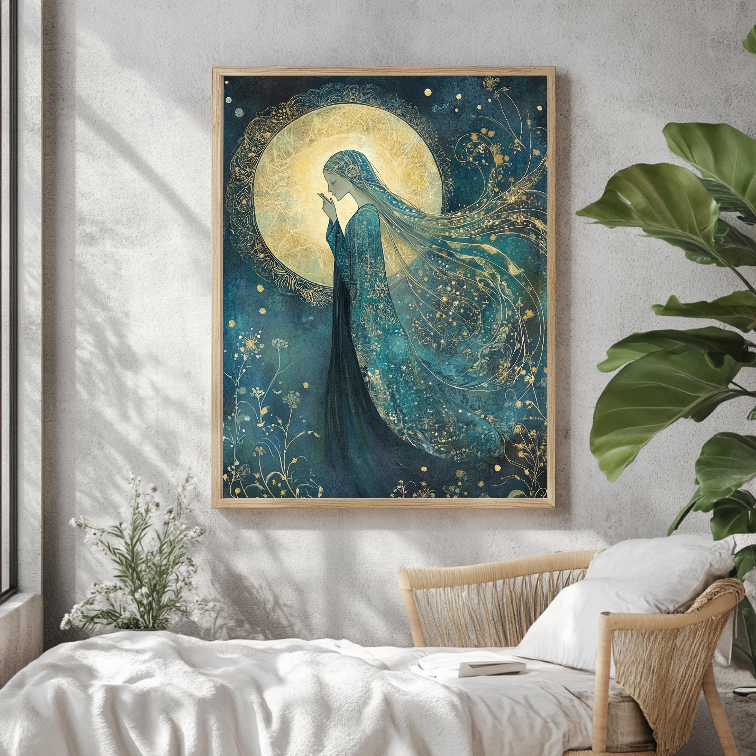 Moonlight Goddess Wall Art, William Morris Inspired Tarot Canvas, Celestial Divine Feminine Print, Wooden Framed Mystic Cottagecore Decor