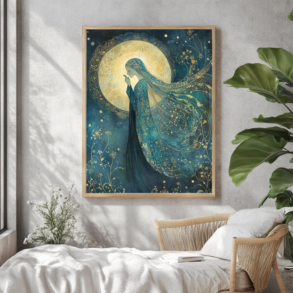 Moonlight Goddess Wall Art, William Morris Inspired Tarot Canvas, Celestial Divine Feminine Print, Wooden Framed Mystic Cottagecore Decor