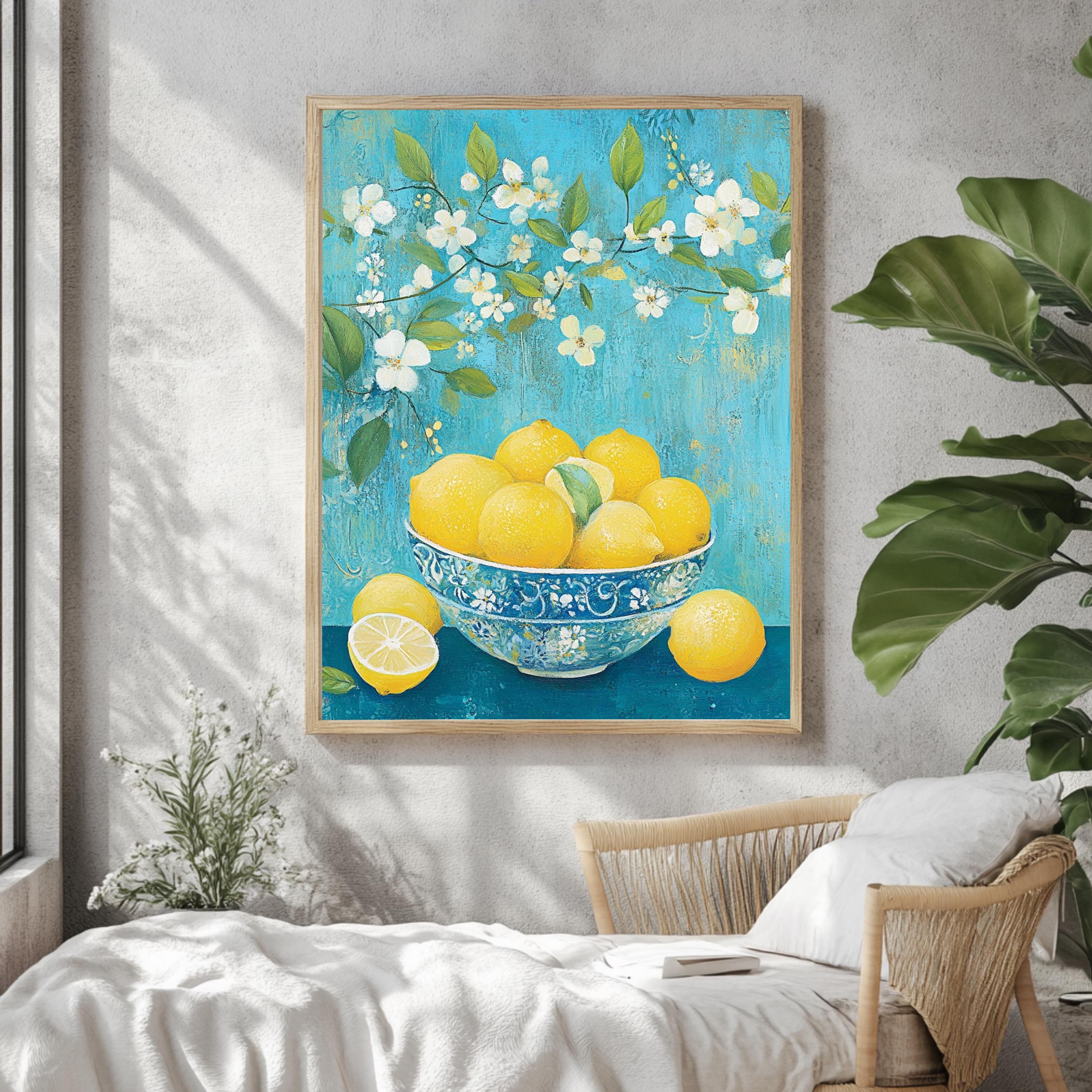 Lemon Bowl Wall Art, William Morris Inspired Floral Canvas, Blue and Yellow Kitchen Decor, Natural Wood Framed Print, Cottagecore Accent
