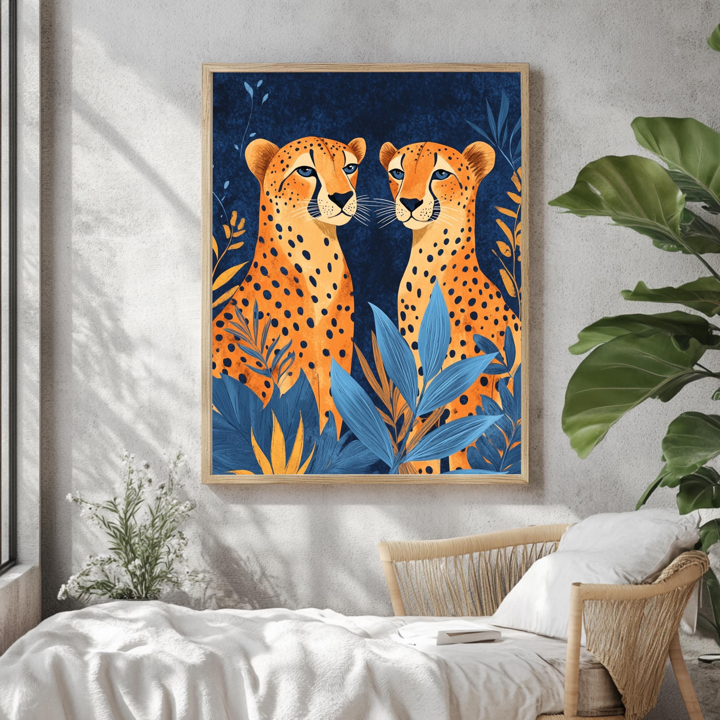 Orange Cheetahs Wall Art, Natural Wood Framed Canvas, Jungle Animal Print, Bold Safari Decor, Vibrant Wildlife Artwork, Boho Nature Art