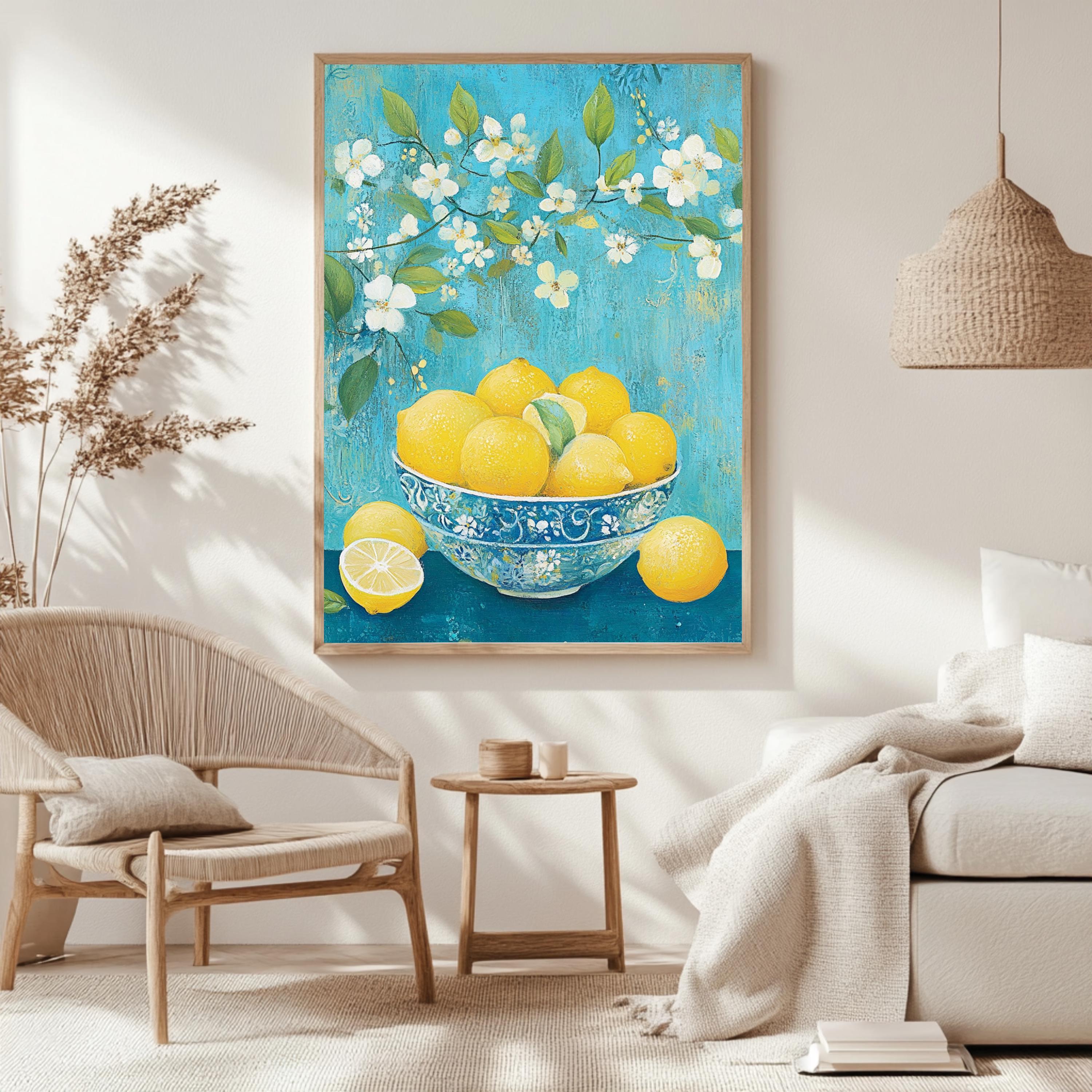 Lemon Bowl Wall Art, William Morris Inspired Floral Canvas, Blue and Yellow Kitchen Decor, Natural Wood Framed Print, Cottagecore Accent