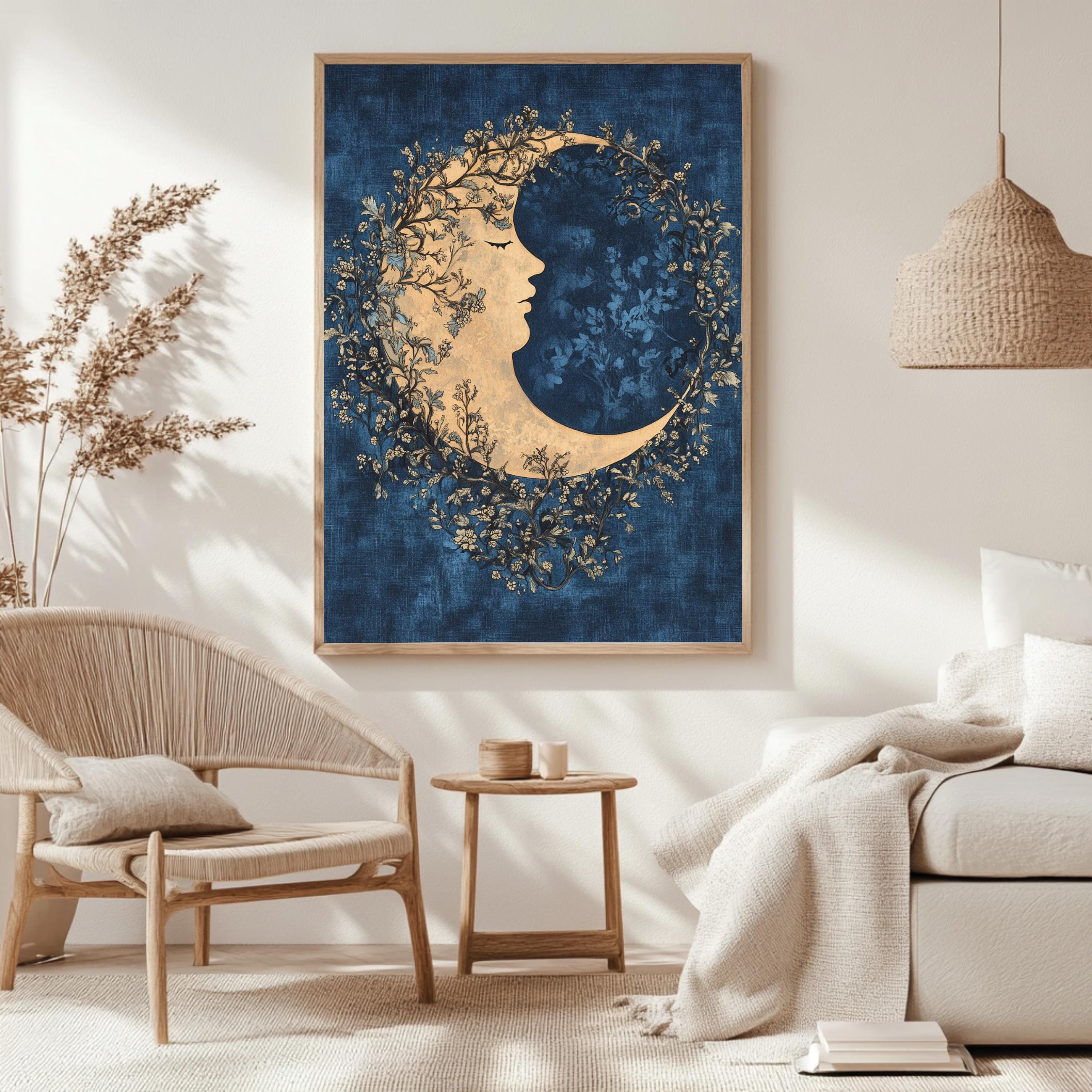 Floral Moon Wall Art, William Morris Inspired Celestial Canvas, Dreamy Botanical Print, Wooden Framed Mystical Night Sky Home Decor