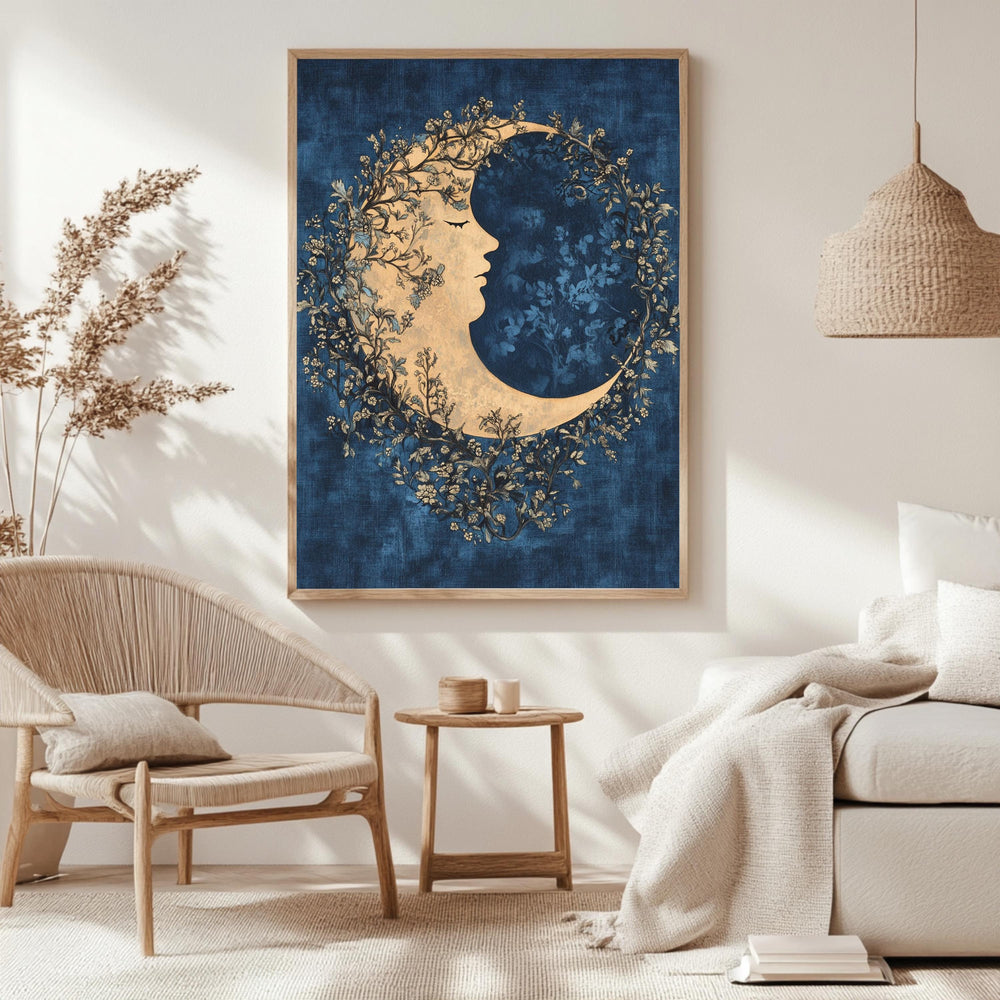 Floral Moon Wall Art, William Morris Inspired Celestial Canvas, Dreamy Botanical Print, Wooden Framed Mystical Night Sky Home Decor