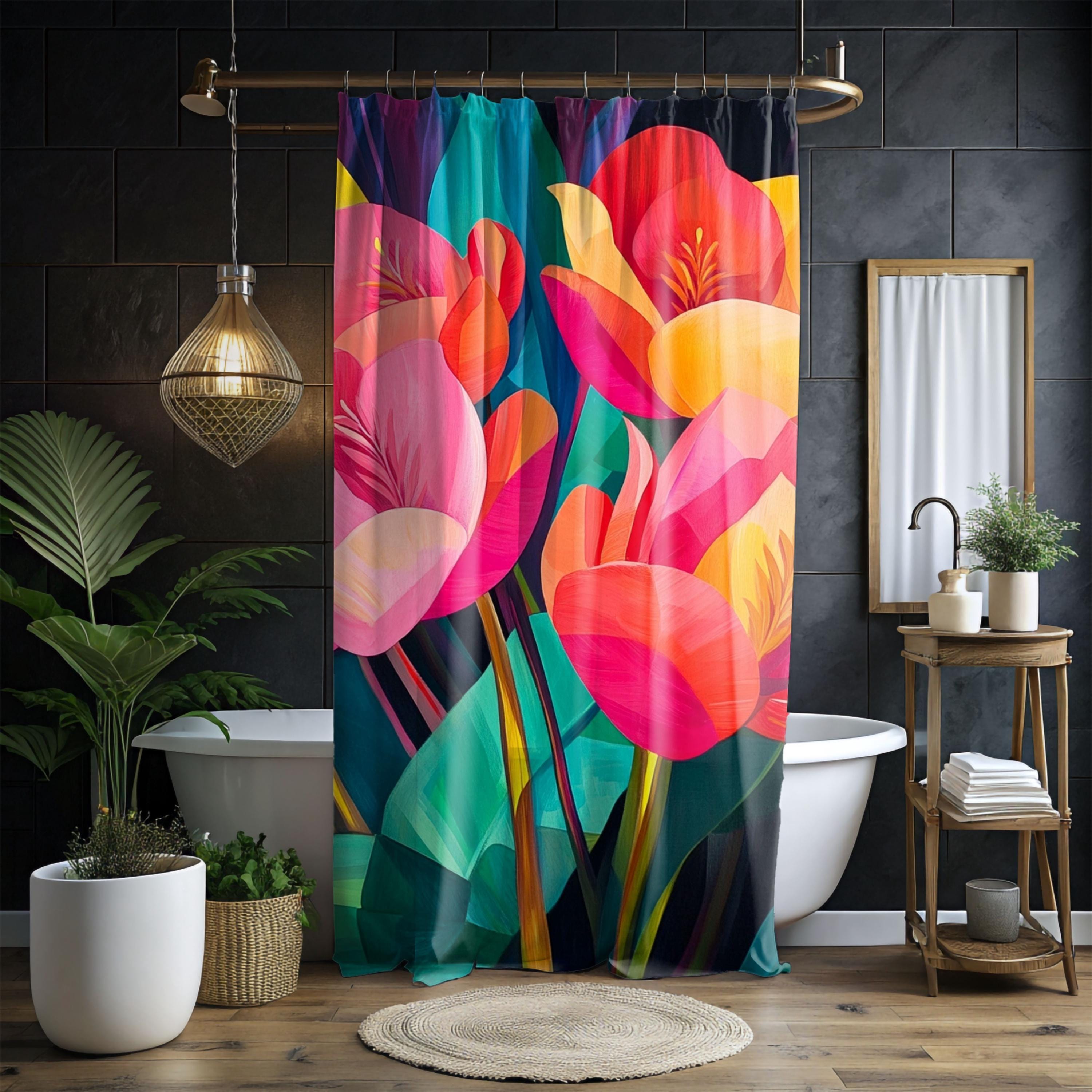 Tropical Flowers Shower Curtain, Vibrant Design Bathroom Décor, Lively Curtain Print, Floral Dorm Decoration