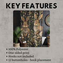 William Morris Inspired Rabbit Design Shower Curtain, Bathroom Dorm Decor, Artistic Bunny Curtain Print