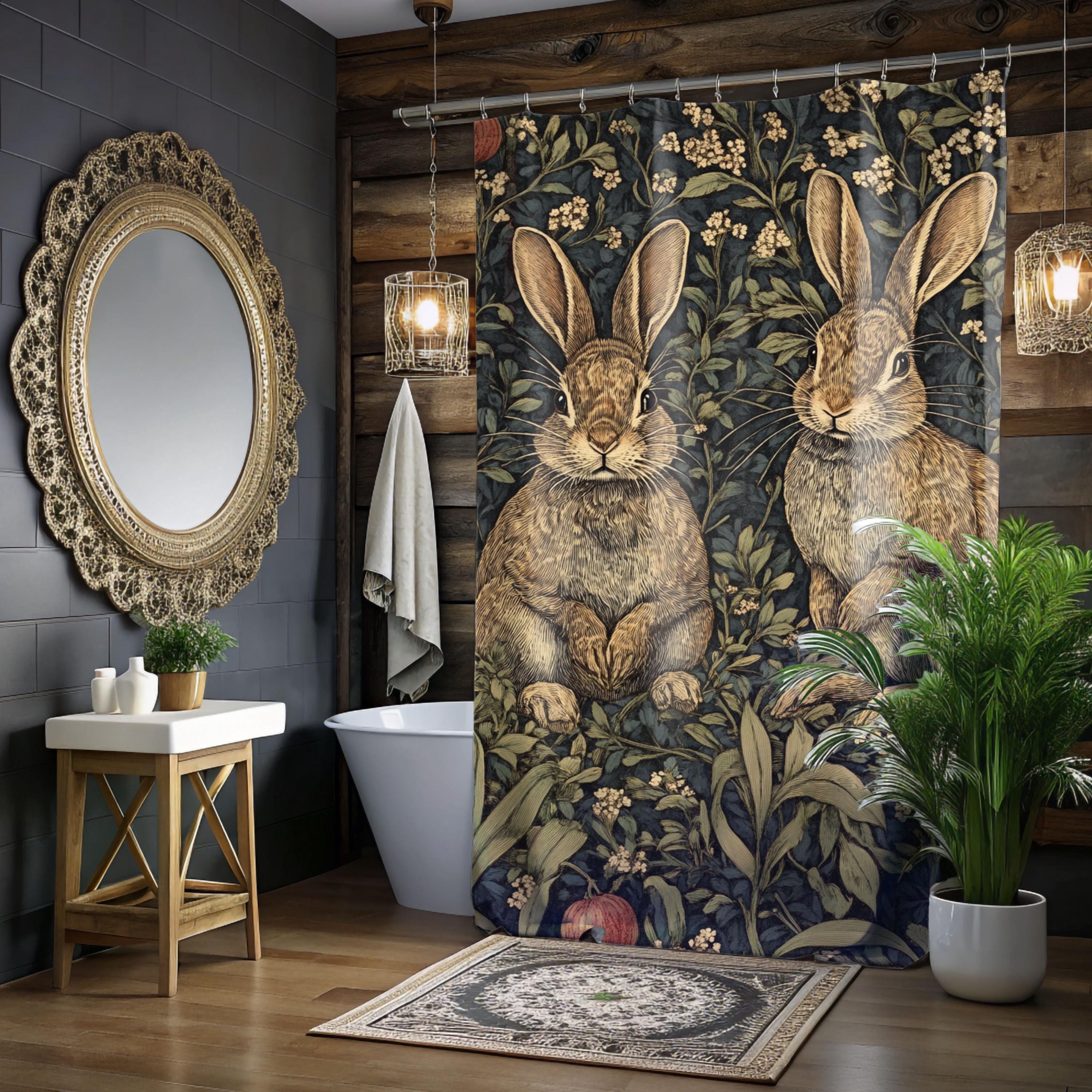 William Morris Inspired Rabbit Design Shower Curtain, Bathroom Dorm Decor, Artistic Bunny Curtain Print