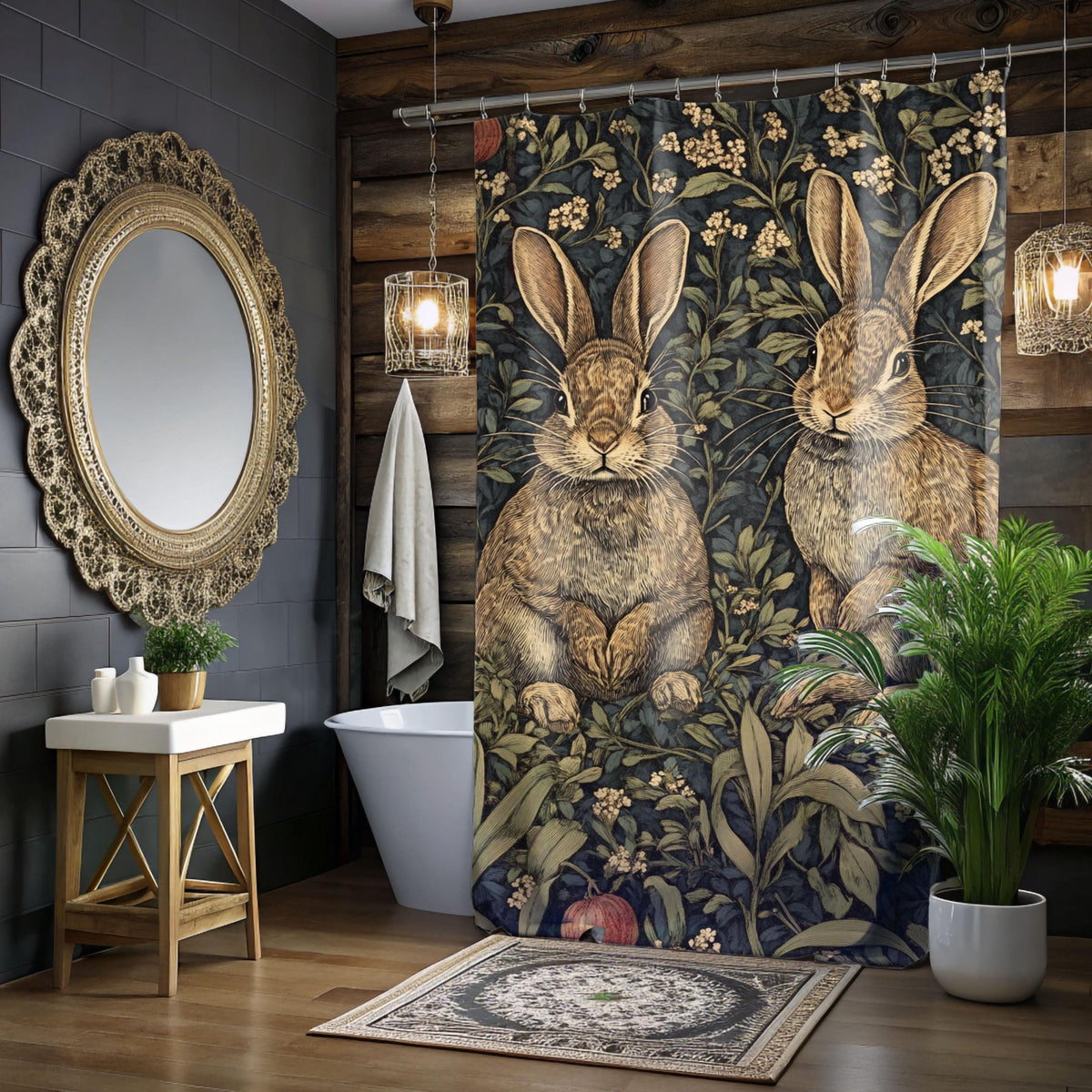 William Morris Inspired Rabbit Design Shower Curtain, Bathroom Dorm Decor, Artistic Bunny Curtain Print