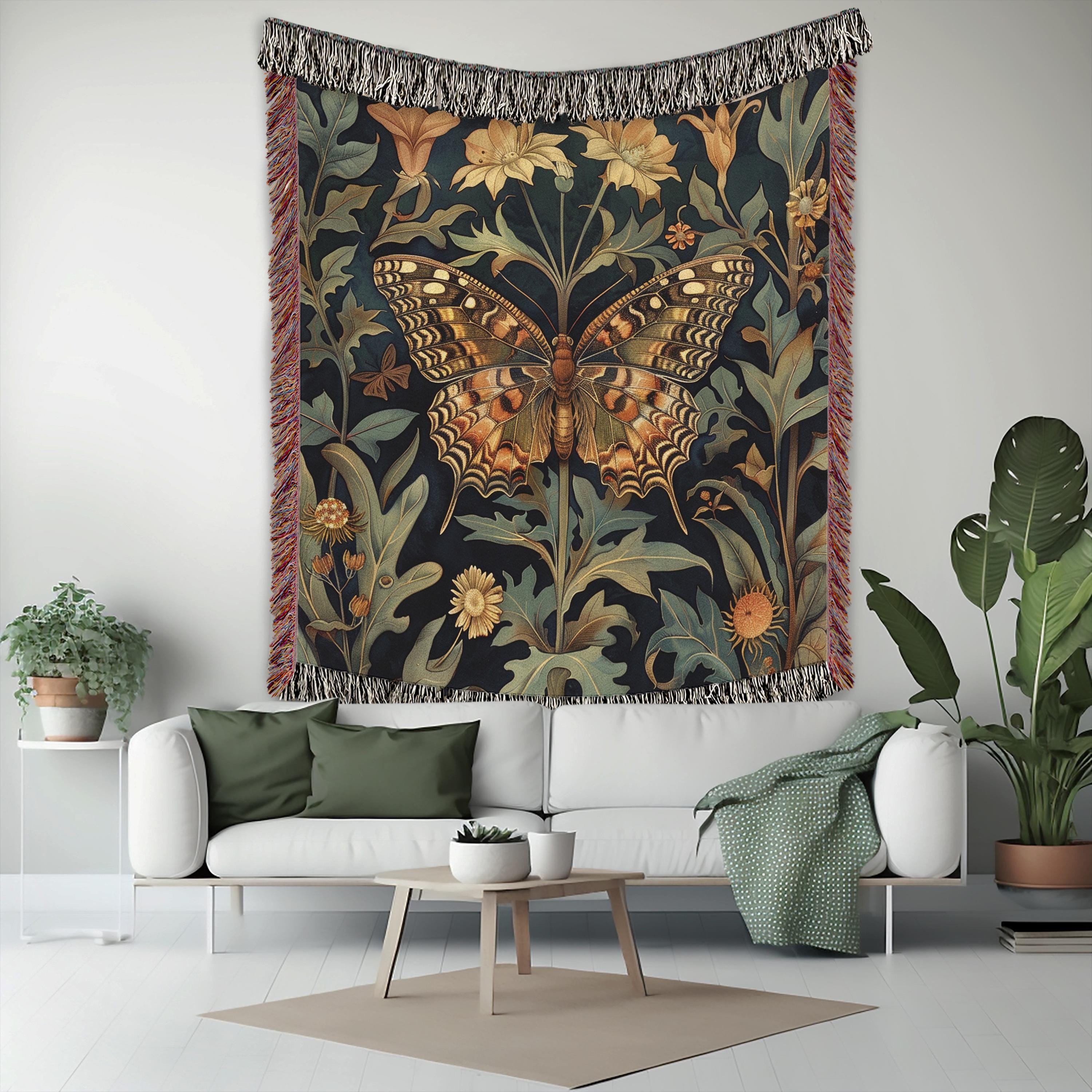 Vintage Butterfly Throw Blanket, Cotton Woven Blanket, Cozy Reading Blanket, William Morris Inspired Blanket for Movie Night Vintage Blanket