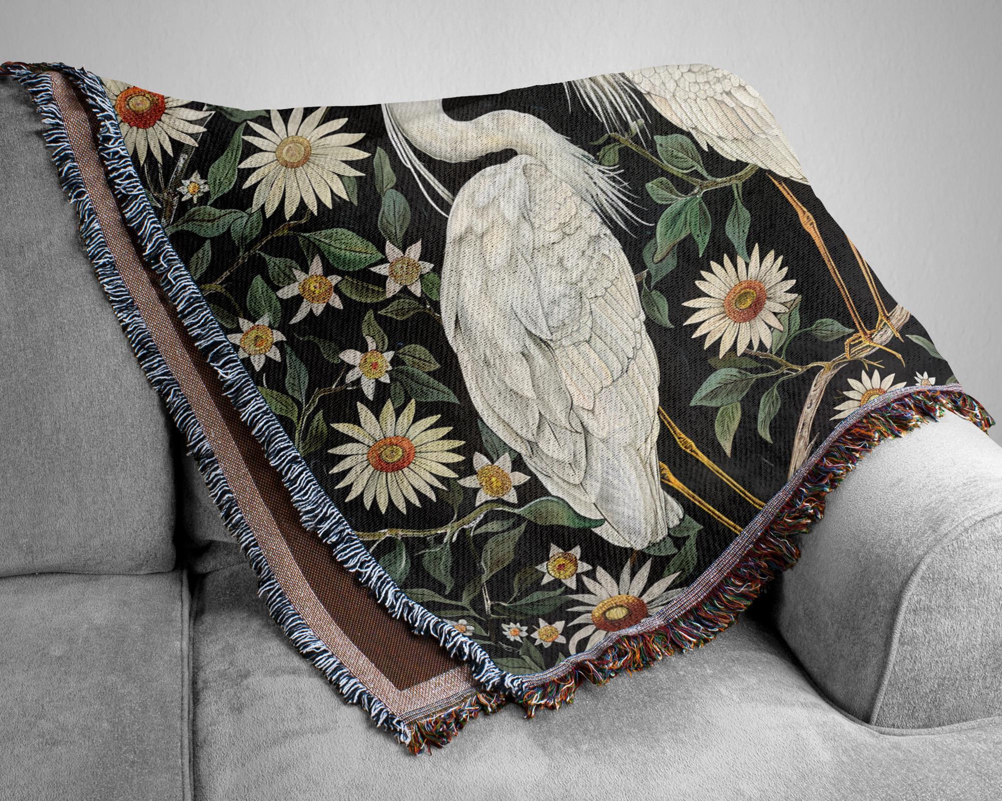 Vintage Egret Throw Blanket, William Morris Inspired Blanket, Reading Blanket, Coastal Bed Blanket, Blanket for Movie Night, Picnic Blanket