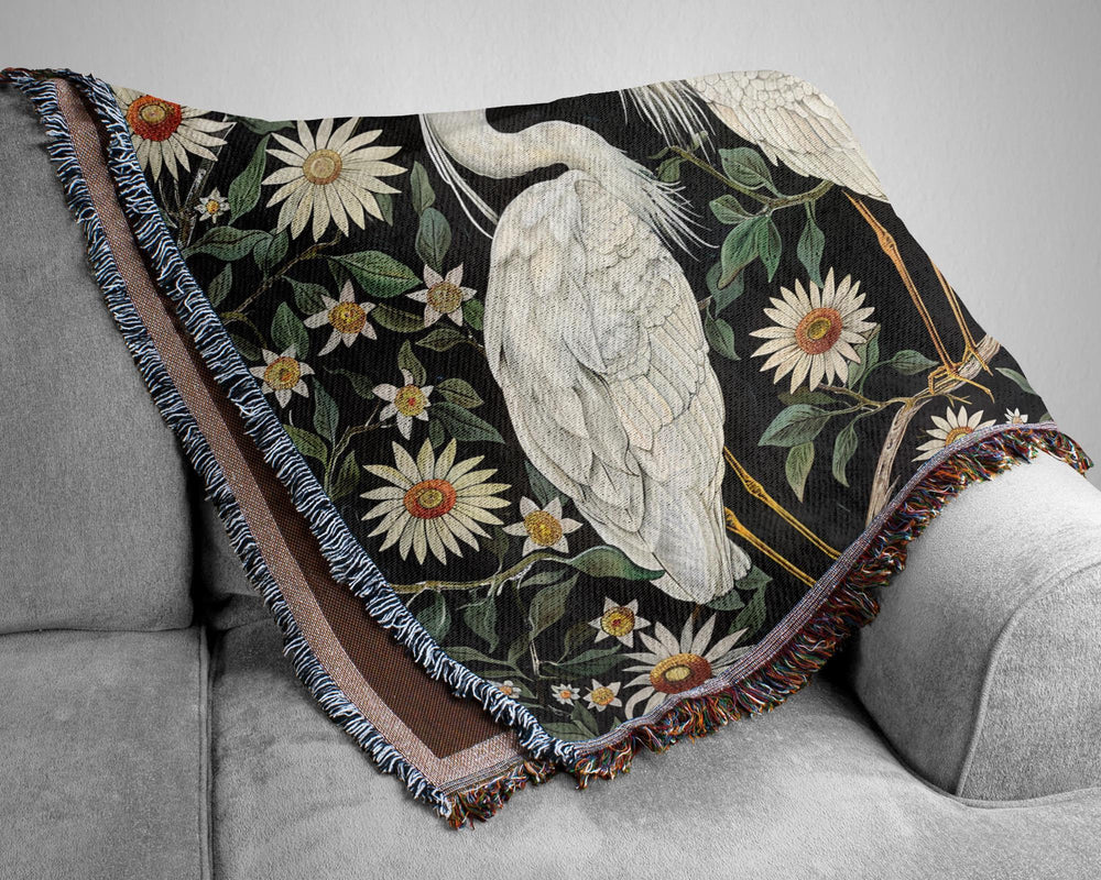 Vintage Egret Throw Blanket, William Morris Inspired Blanket, Reading Blanket, Coastal Bed Blanket, Blanket for Movie Night, Picnic Blanket