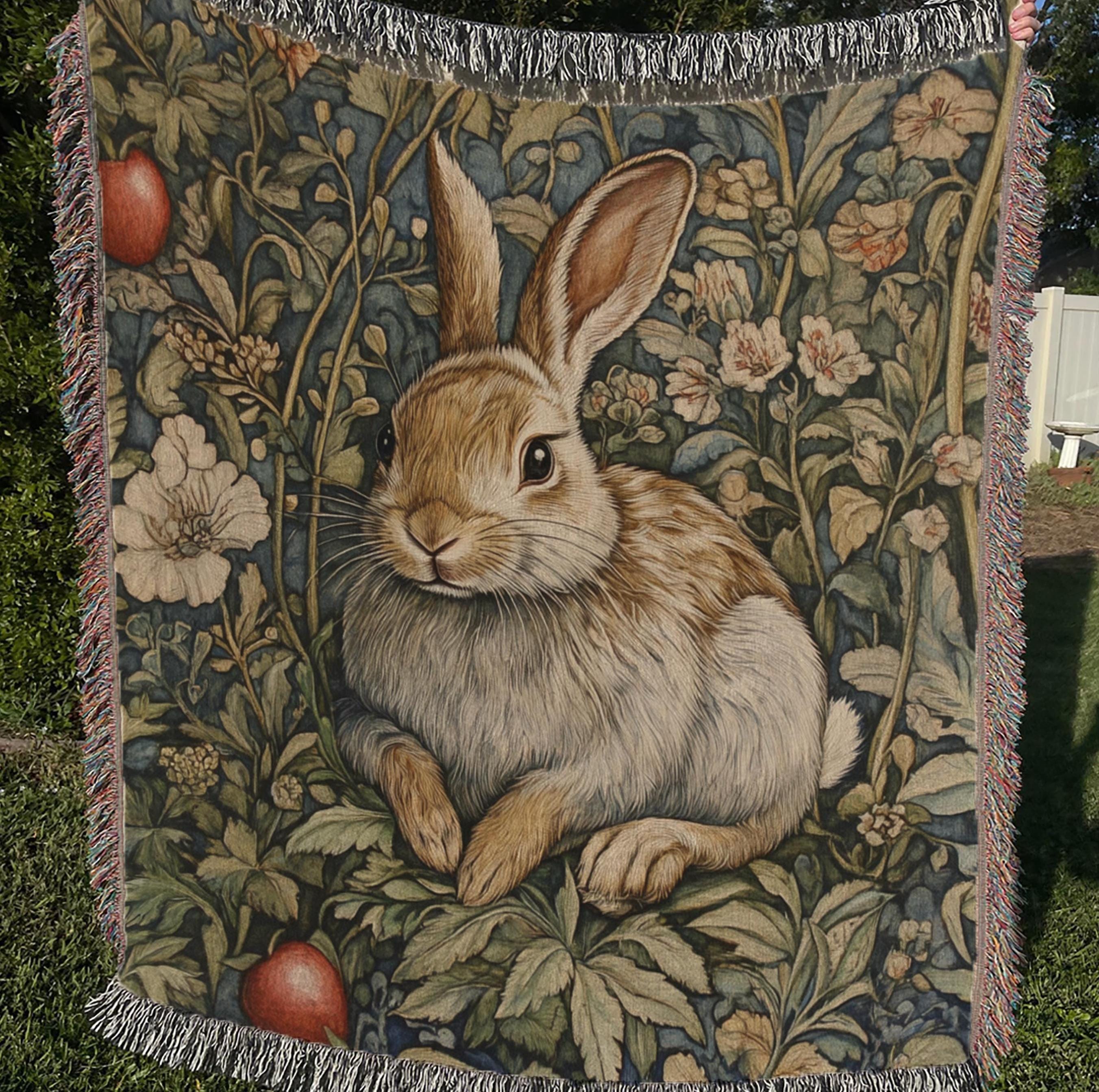 Vintage Rabbit Throw Blanket, Woodland Bunny Woven Blanket, Cozy Grandma Reading Blanket, Picnic Blanket, Living Room Couch Bed Blanket