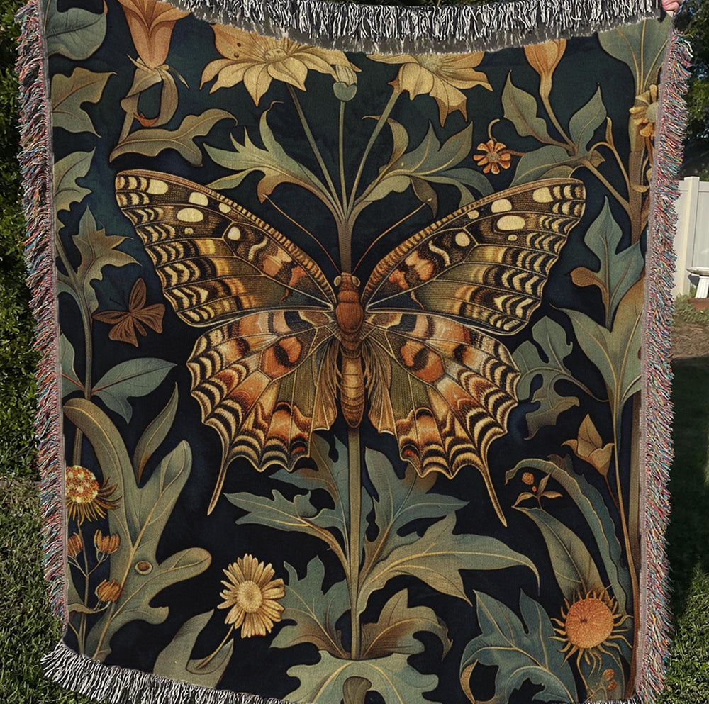 Vintage Butterfly Throw Blanket, Cotton Woven Blanket, Cozy Reading Blanket, William Morris Inspired Blanket for Movie Night Vintage Blanket