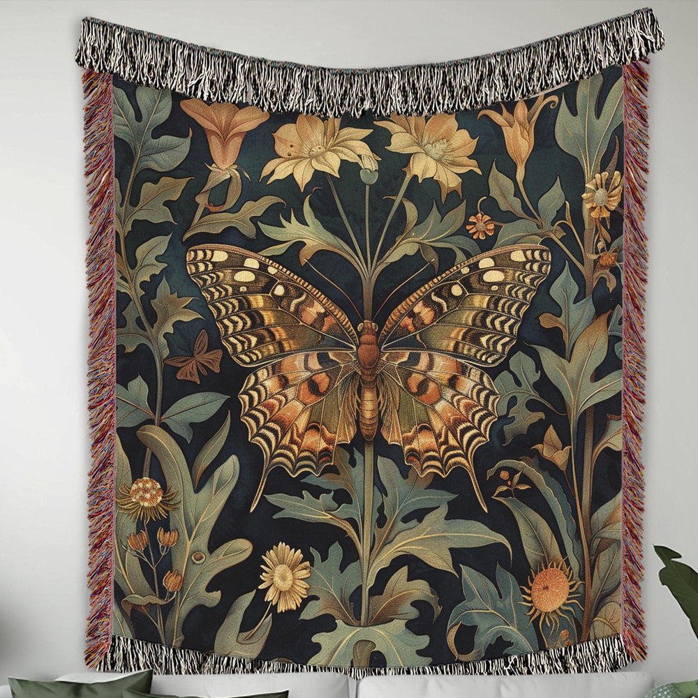 Vintage Butterfly Throw Blanket, Cotton Woven Blanket, Cozy Reading Blanket, William Morris Inspired Blanket for Movie Night Vintage Blanket