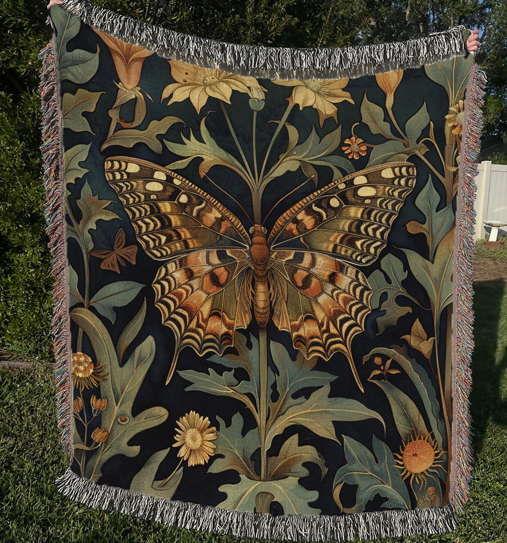 Vintage Butterfly Throw Blanket, Cotton Woven Blanket, Cozy Reading Blanket, William Morris Inspired Blanket for Movie Night Vintage Blanket