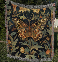 Vintage Butterfly Throw Blanket, Cotton Woven Blanket, Cozy Reading Blanket, William Morris Inspired Blanket for Movie Night Vintage Blanket