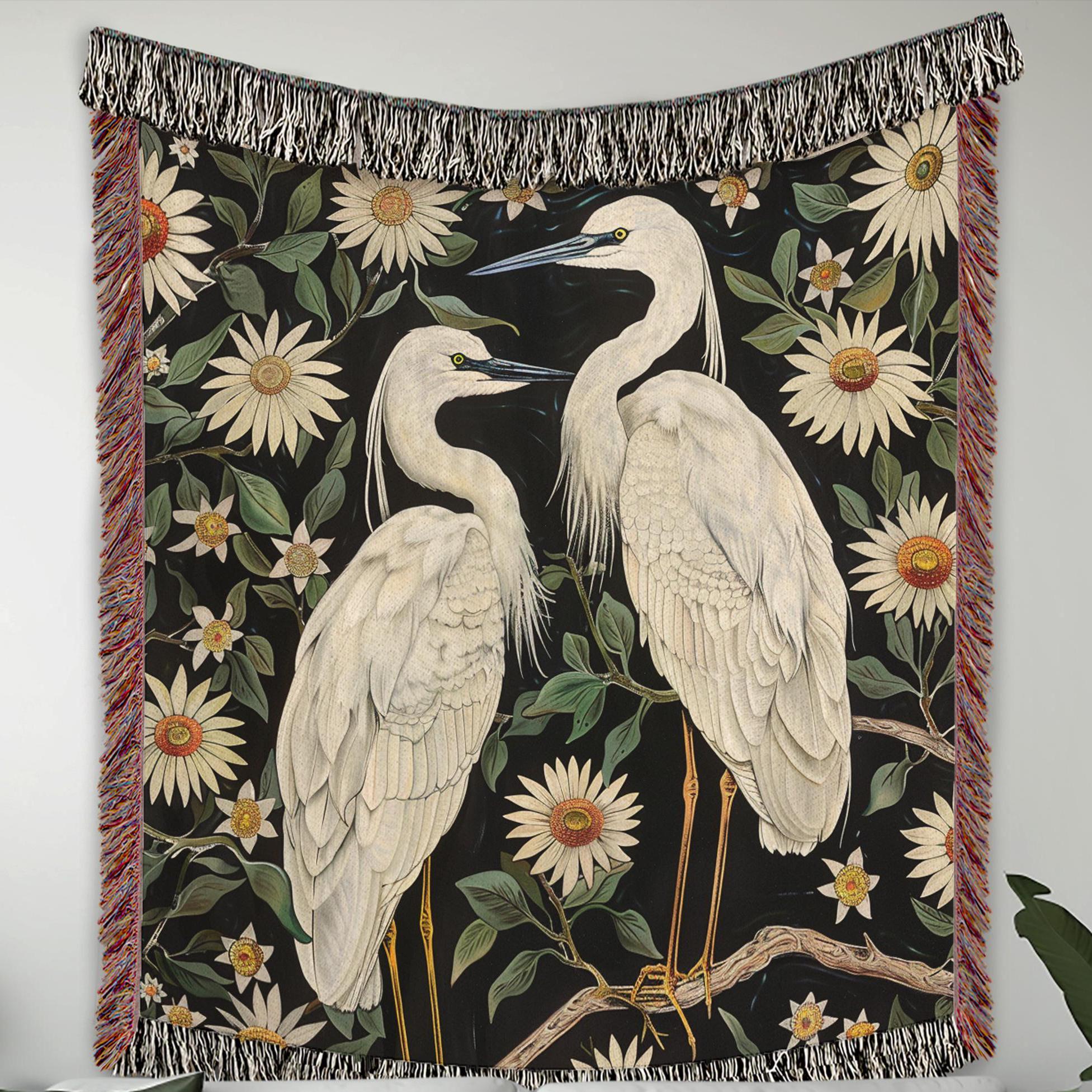 Vintage Egret Throw Blanket, William Morris Inspired Blanket, Reading Blanket, Coastal Bed Blanket, Blanket for Movie Night, Picnic Blanket