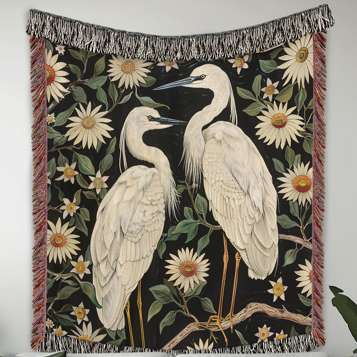 Vintage Egret Throw Blanket, William Morris Inspired Blanket, Reading Blanket, Coastal Bed Blanket, Blanket for Movie Night, Picnic Blanket