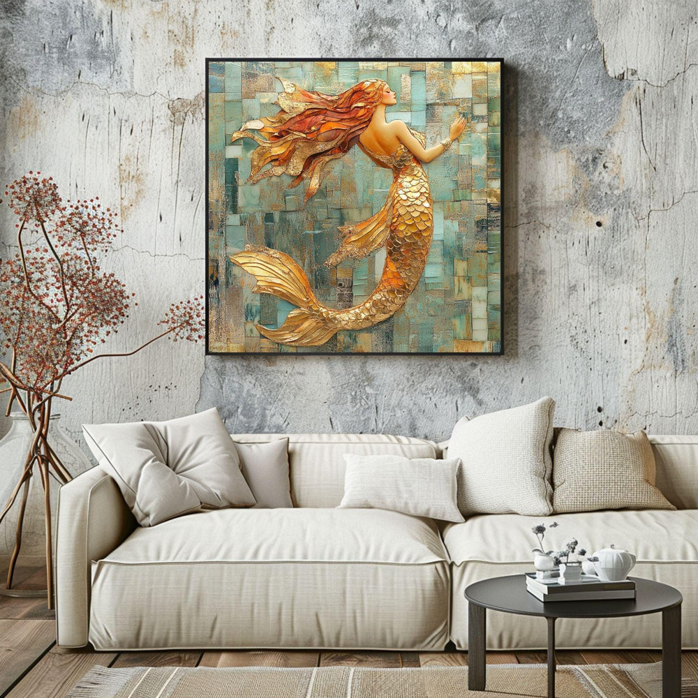 Mosaic Look Gold Mermaid Wall Art, Ocean Fantasy Decor, Elegant Mermaid Print, Coastal Beach Mermaid Wall Art Print