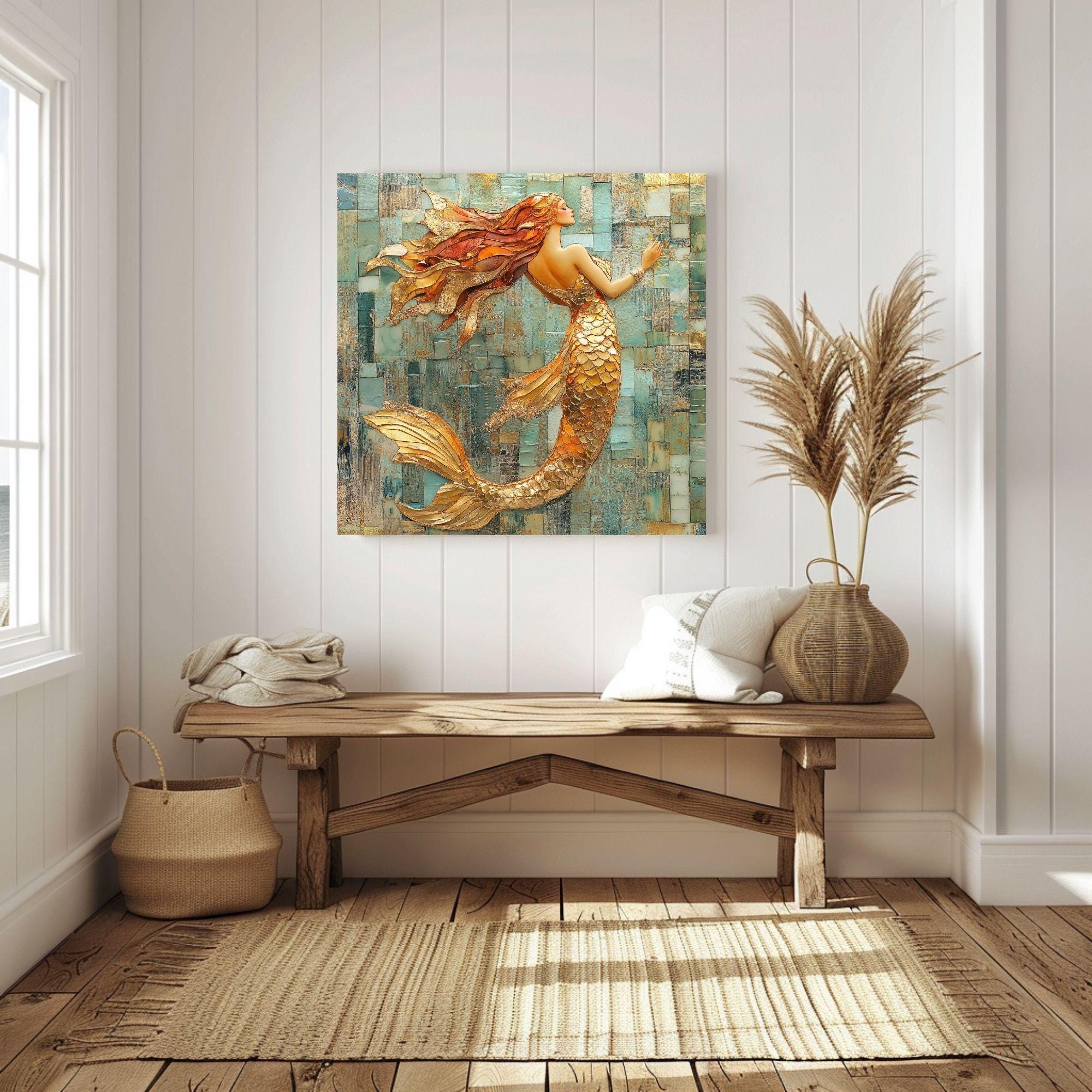 Mosaic Look Gold Mermaid Wall Art, Ocean Fantasy Decor, Elegant Mermaid Print, Coastal Beach Mermaid Wall Art Print