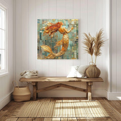Mosaic Look Gold Mermaid Wall Art, Ocean Fantasy Decor, Elegant Mermaid Print, Coastal Beach Mermaid Wall Art Print
