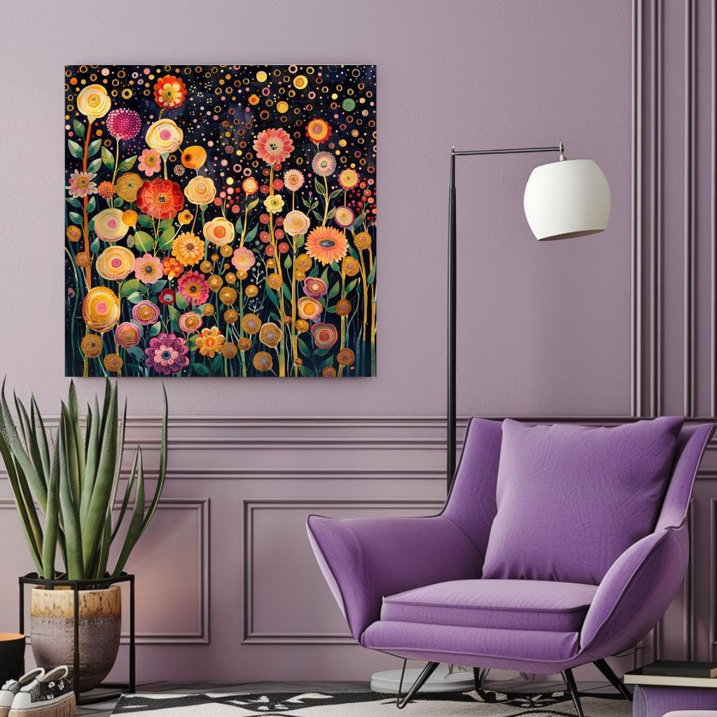 Flower Garden Canvas Wall Art Print Gustav Klimt Inspired Painting, Botanical Floral Wall Hanging