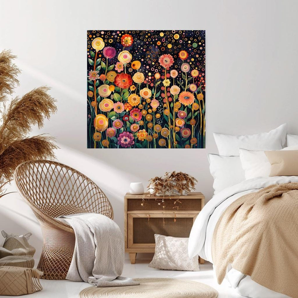 Flower Garden Canvas Wall Art Print Gustav Klimt Inspired Painting, Botanical Floral Wall Hanging