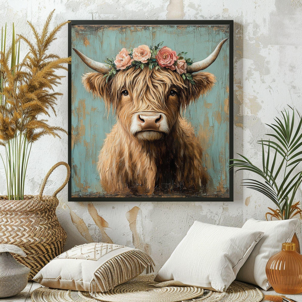 Highland Cow Wall Art, Rustic Cow Print, Highland Cattle Framed Canvas Print, Country Western Living Room Decor, Rustic Farm Animal