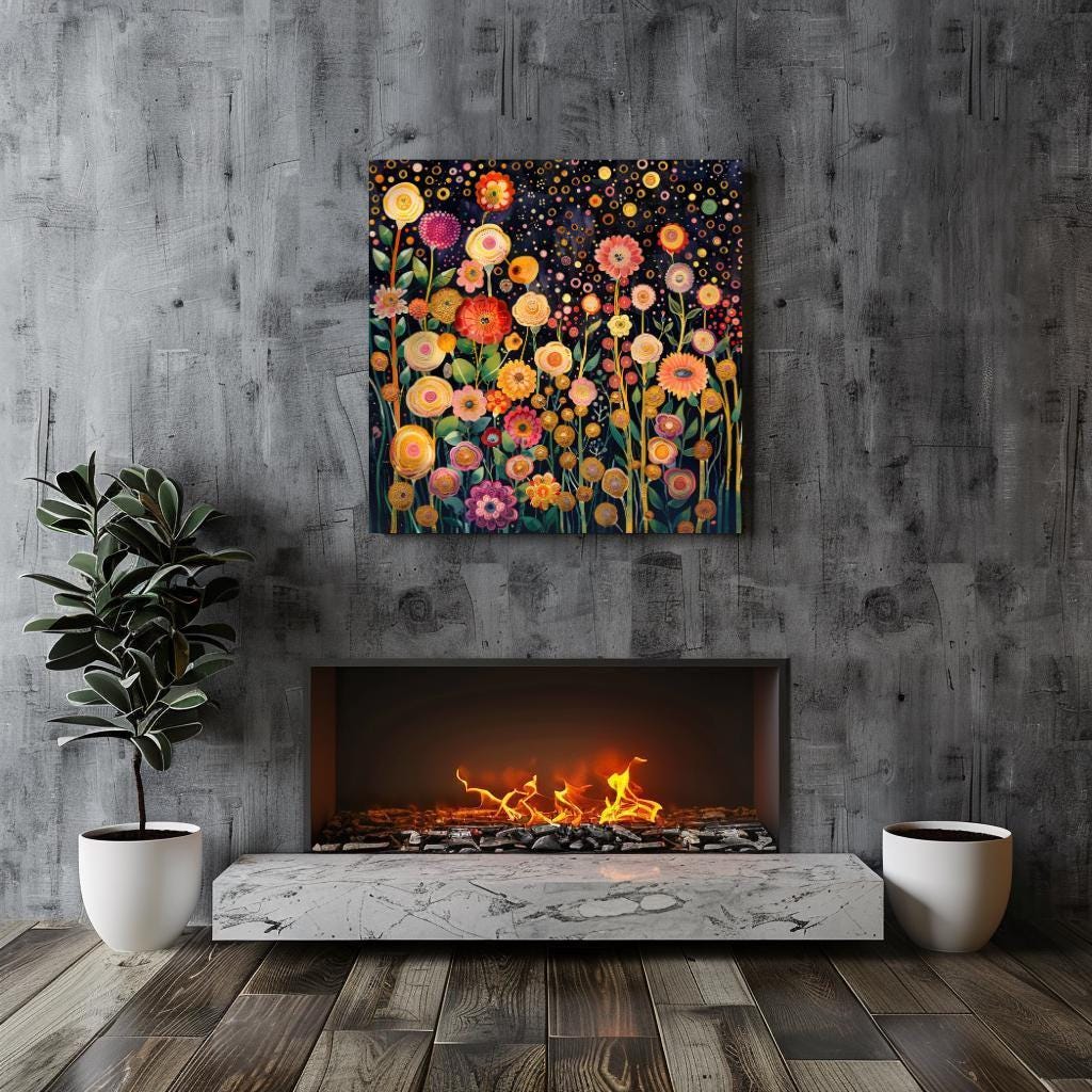 Flower Garden Canvas Wall Art Print Gustav Klimt Inspired Painting, Botanical Floral Wall Hanging