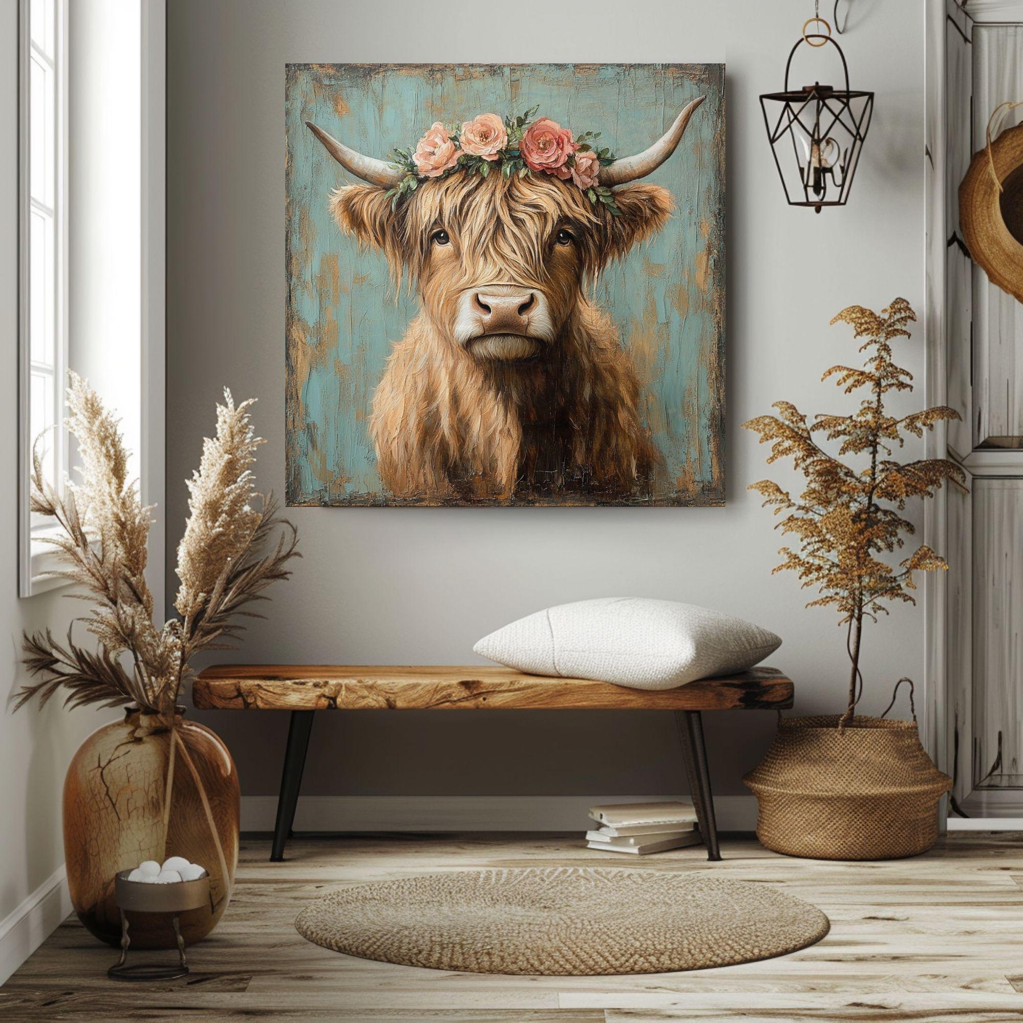 Highland Cow Wall Art, Rustic Cow Print, Highland Cattle Framed Canvas Print, Country Western Living Room Decor, Rustic Farm Animal