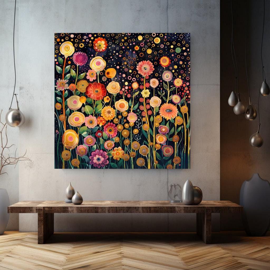 Flower Garden Canvas Wall Art Print Gustav Klimt Inspired Painting, Botanical Floral Wall Hanging