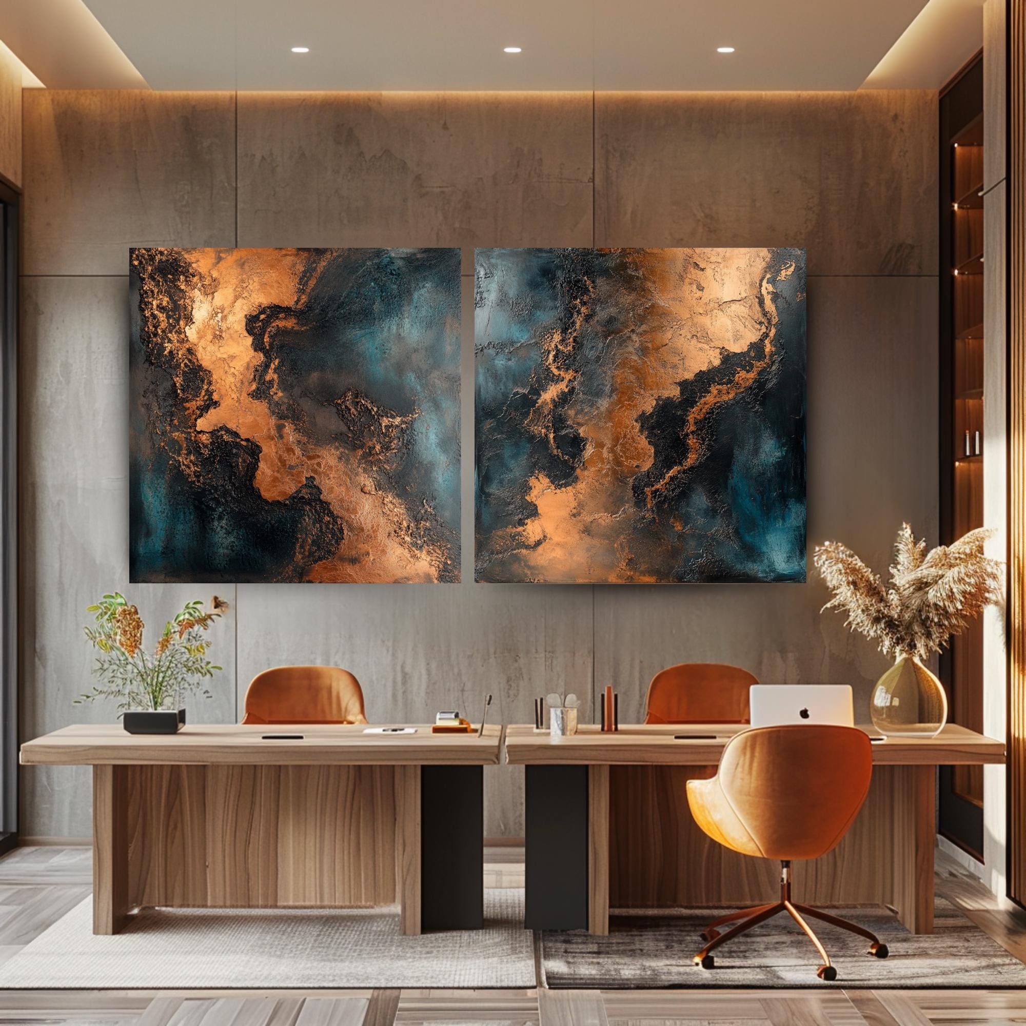 Metallic Abstract Wall Art, Set of 2 Modern Canvas Prints, Copper and Teal Wall Decor, Elegant Abstract Painting Set, Best For Modern Spaces