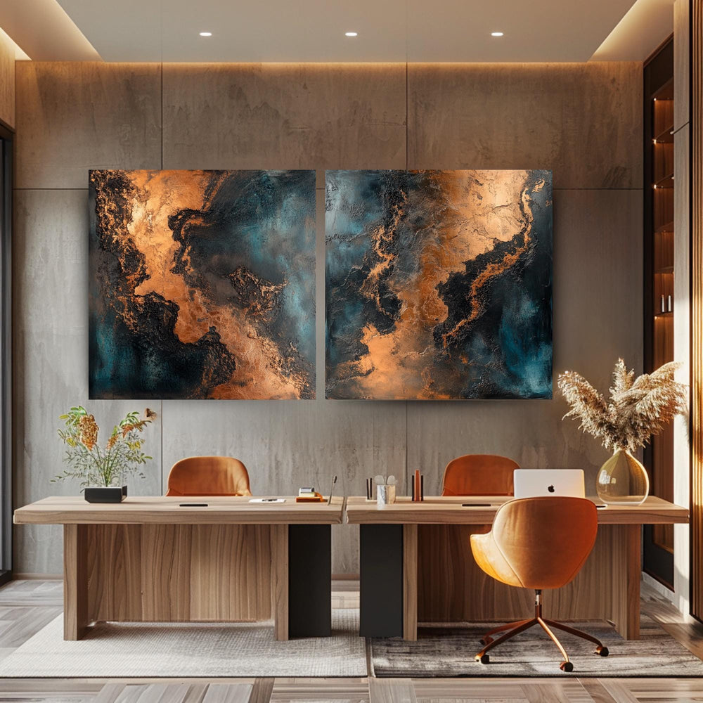 Metallic Abstract Wall Art, Set of 2 Modern Canvas Prints, Copper and Teal Wall Decor, Elegant Abstract Painting Set, Best For Modern Spaces