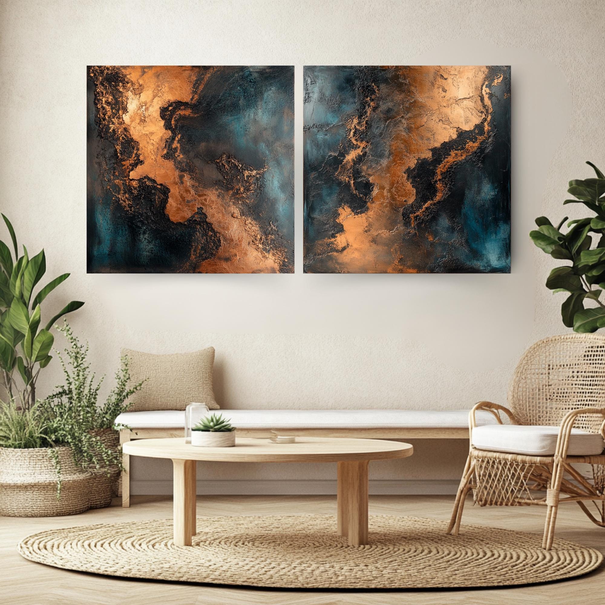 Metallic Abstract Wall Art, Set of 2 Modern Canvas Prints, Copper and Teal Wall Decor, Elegant Abstract Painting Set, Best For Modern Spaces