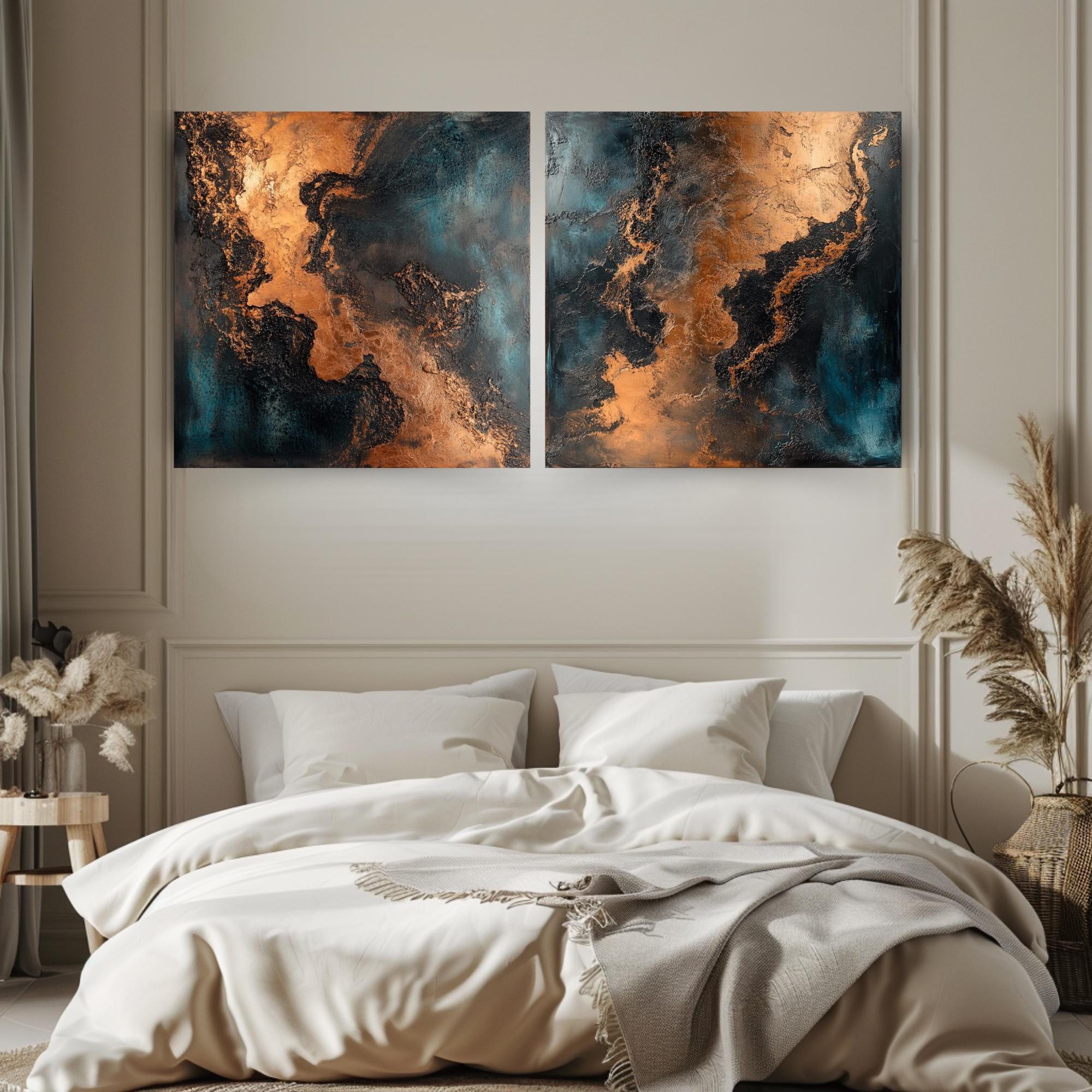 Metallic Abstract Wall Art, Set of 2 Modern Canvas Prints, Copper and Teal Wall Decor, Elegant Abstract Painting Set, Best For Modern Spaces